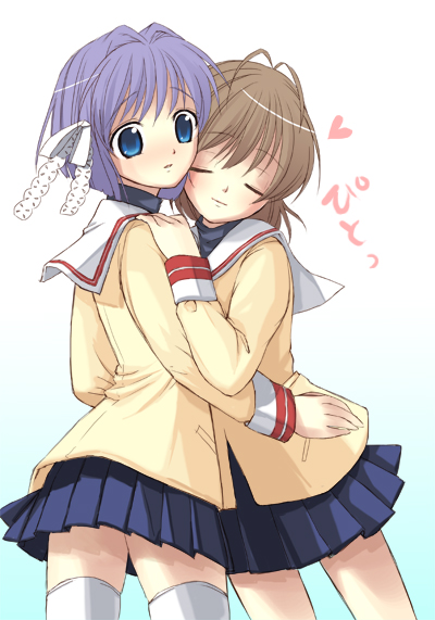 kimishima ao, fujibayashi ryou, furukawa nagisa, clannad, 00s, 2girls, blush, hug, multiple girls, school uniform, serafuku, thighhighs, white thighhighs