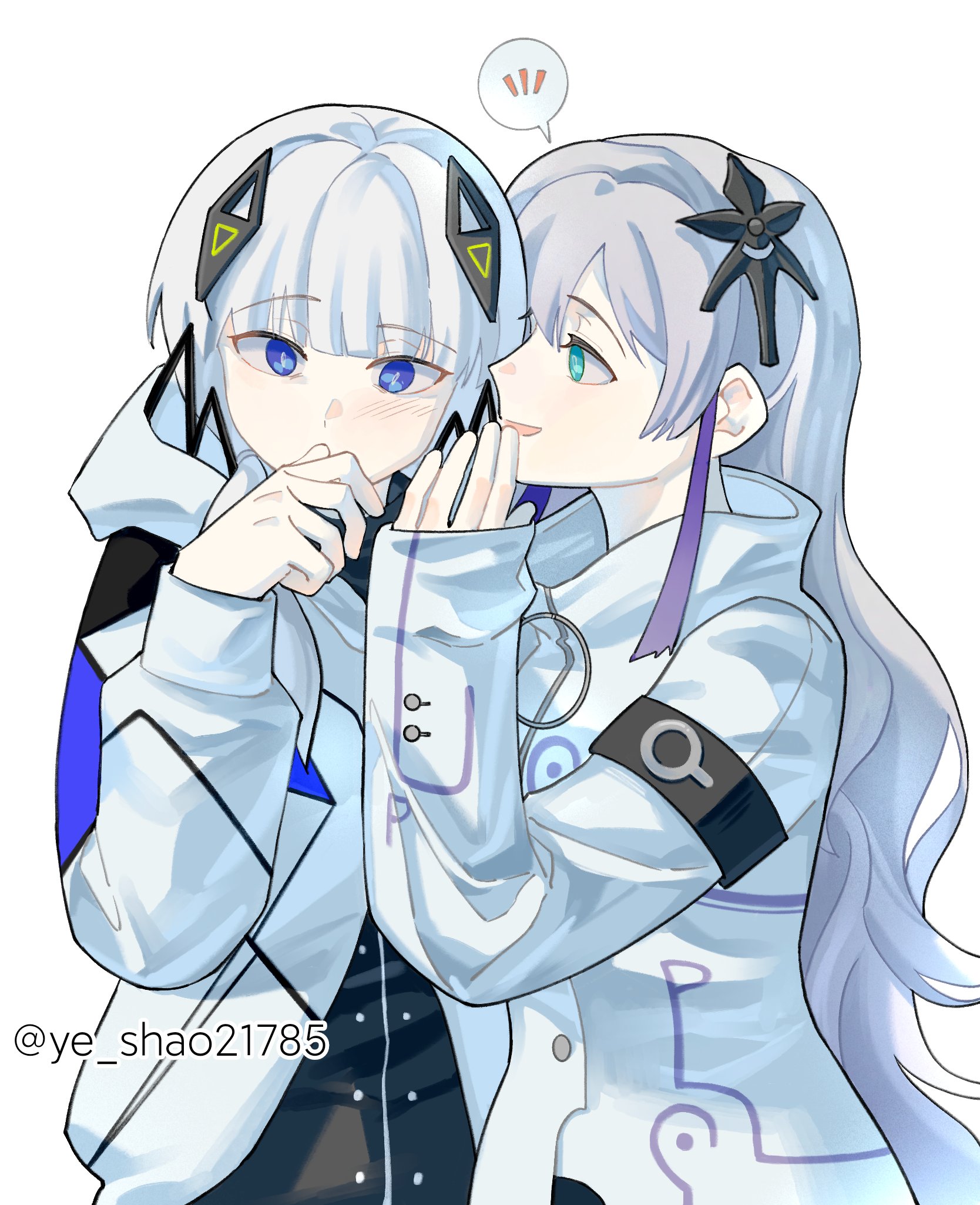 ye shao21785, kafu (cevio), sekai (cevio), cevio, kamitsubaki studio, highres, 2girls, :d, aqua eyes, blue eyes, grey hair, hair ornament, hand to own mouth, hand up, hood, hood down, hooded jacket, jacket, long hair, looking at another, multiple girls, open mouth, simple background, smile, twitter username, upper body, whispering in ear, white background, white hair, white jacket