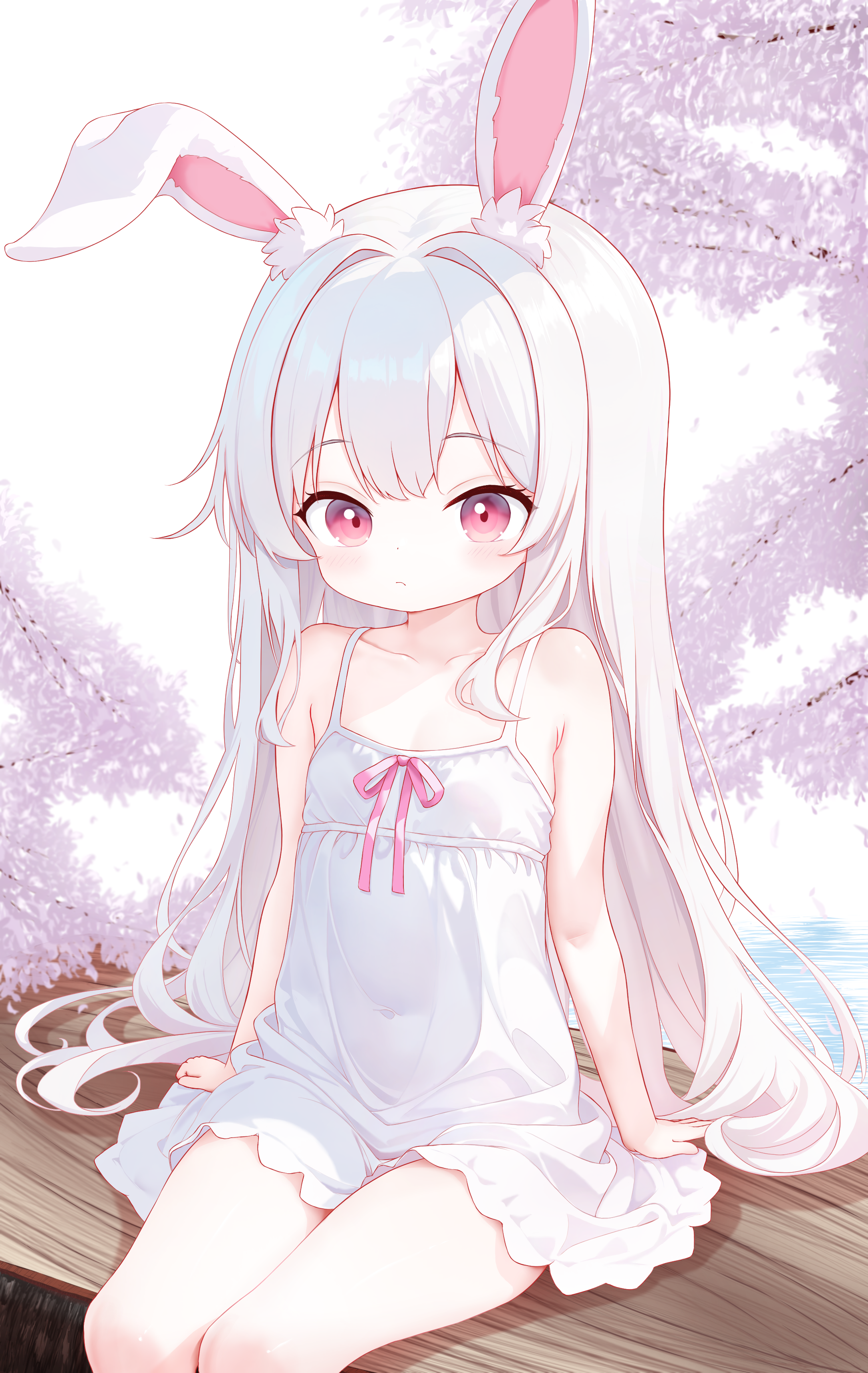 original, absurdres, highres, 0sherbetcat, 1girl, animal ear fluff, animal ears, bench, breasts, cherry blossoms, covered navel, dress, long hair, outdoors, rabbit ears, rabbit girl, red eyes, sitting, small breasts, solo, sundress, thighs, tree, very long hair, white dress, white hair