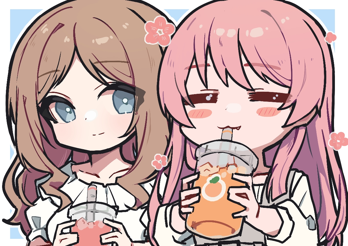 zhong xiansheng, chihaya anon, nagasaki soyo, bang dream!, bang dream! it's mygo!!!!!, commentary request, 2girls, :3, = =, blue eyes, blush, brown hair, cup, drinking straw, drinking straw in mouth, fang, flower, holding, holding cup, long hair, multiple girls, pink hair, shirt, short sleeves, sidelocks, upper body, white shirt