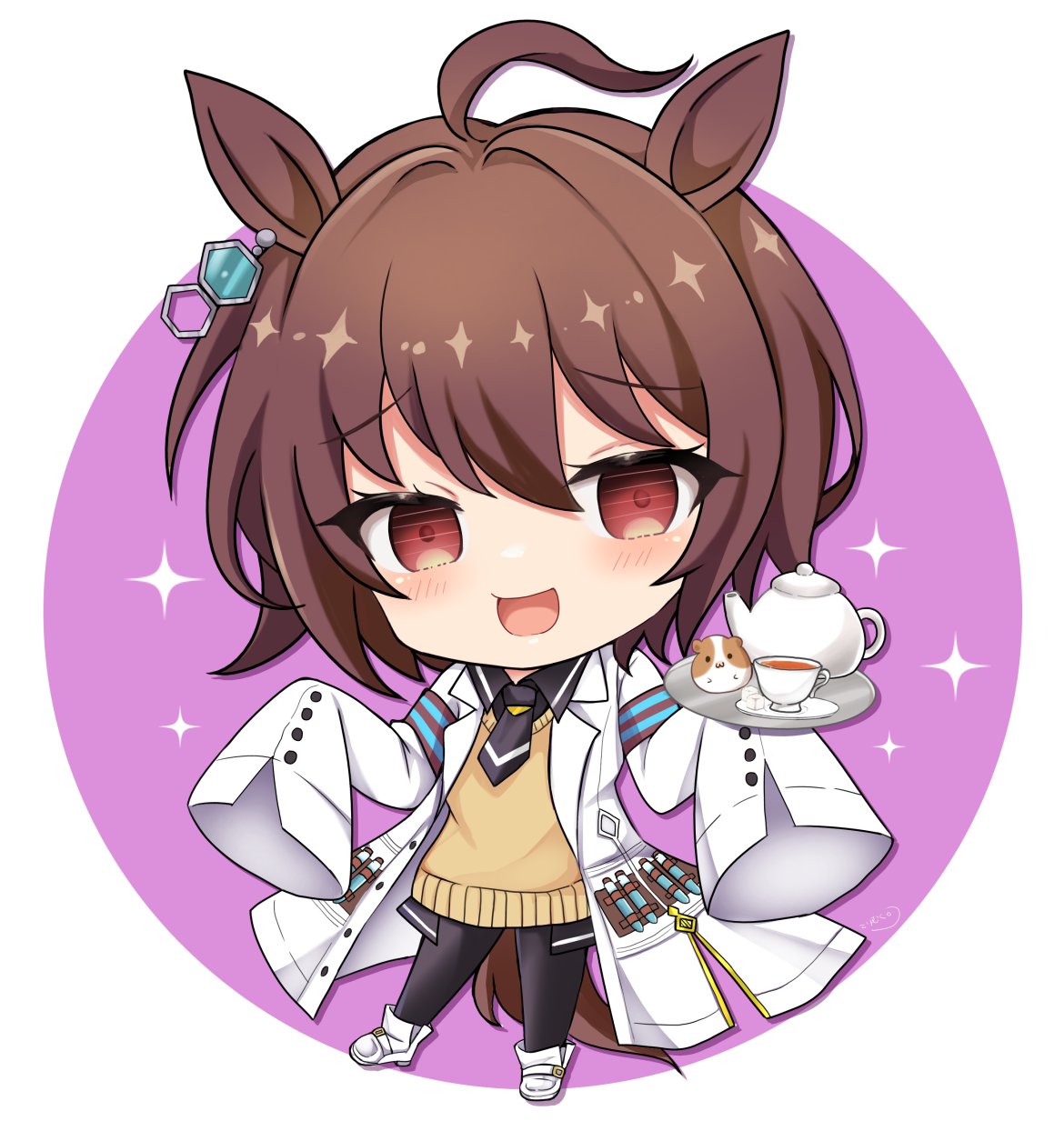 terimuku, agnes tachyon (umamusume), umamusume, commentary request, highres, 1girl, :d, ahoge, animal ears, black pantyhose, black shirt, blush, boots, brown eyes, brown hair, chibi, collared shirt, cup, full body, hair between eyes, horse ears, horse girl, horse tail, lab coat, long sleeves, looking at viewer, open clothes, open mouth, pantyhose, pink background, saucer, shirt, sleeves past fingers, sleeves past wrists, smile, solo, sparkle, sugar cube, sweater vest, tail, teacup, teapot, tray, two-tone background, white background, white boots