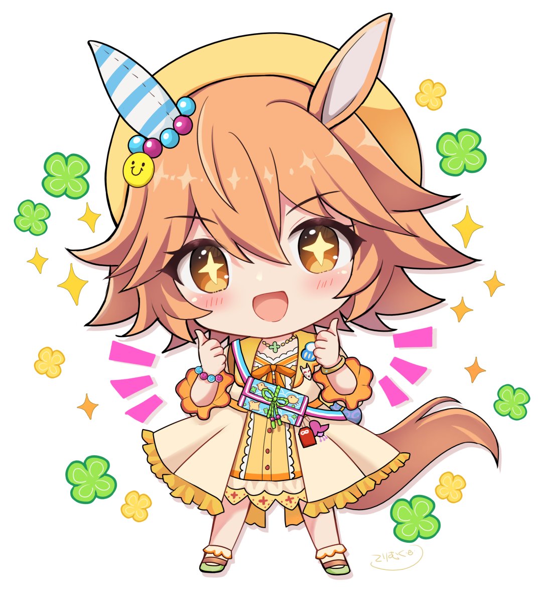 terimuku, matikanefukukitaru (umamusume), umamusume, + +, 1girl, :d, animal ears, beret, blush, bobby socks, brown eyes, brown hair, brown jacket, brown socks, chibi, clover, double thumbs up, dress, four-leaf clover, frilled jacket, frills, full body, green shoes, hair between eyes, hat, head tilt, horse ears, horse girl, horse tail, jacket, notice lines, open mouth, orange dress, shoes, signature, simple background, smile, socks, solo, sparkle, standing, tail, thumbs up, v-shaped eyebrows, white background, yellow hat