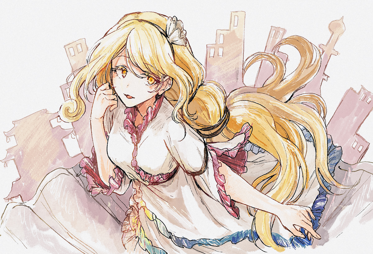 hisona (suaritesumi), watari nina, touhou, commentary request, 1girl, black hairband, blonde hair, dress, fingernails, floating hair, frilled dress, frilled sleeves, frills, grey background, hairband, hand up, long hair, looking at viewer, parted lips, smile, solo, white dress, yellow eyes