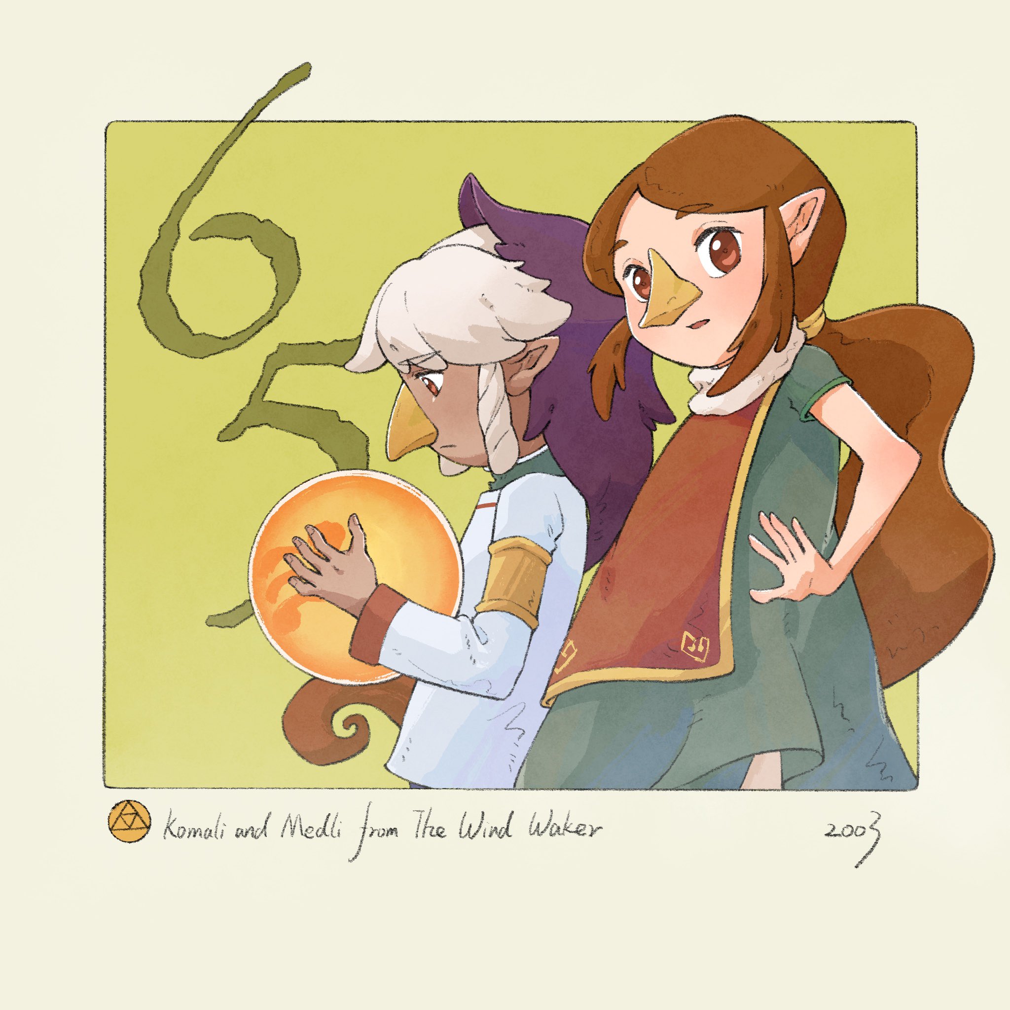 yangyaozigo, komali, medli, nintendo, the legend of zelda, the legend of zelda: the wind waker, highres, 1boy, 1girl, beak, bird boy, bird girl, border, dark-skinned male, dark skin, dress, expressionless, green dress, long hair, outside border, parted lips, pointy ears, red eyes, red hair, shirt, white hair, white shirt, yellow background