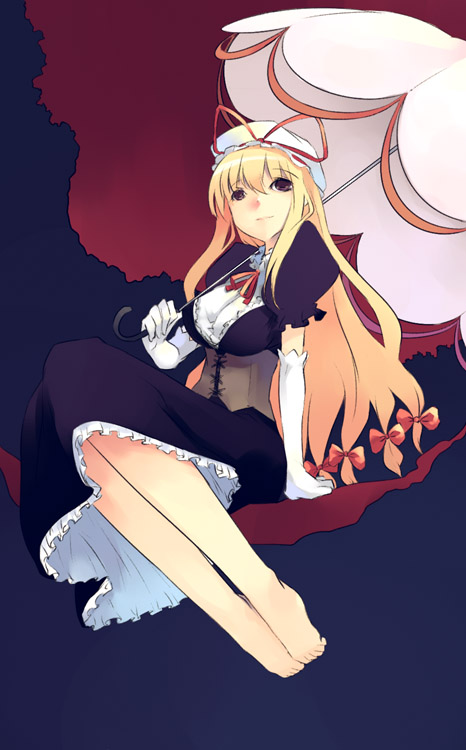 mikage sekizai, yakumo yukari, original, touhou, 1girl, barefoot, blonde hair, breasts, brown eyes, dress, elbow gloves, feet, female focus, full body, gloves, hat, long hair, ribbon, simple background, solo, umbrella