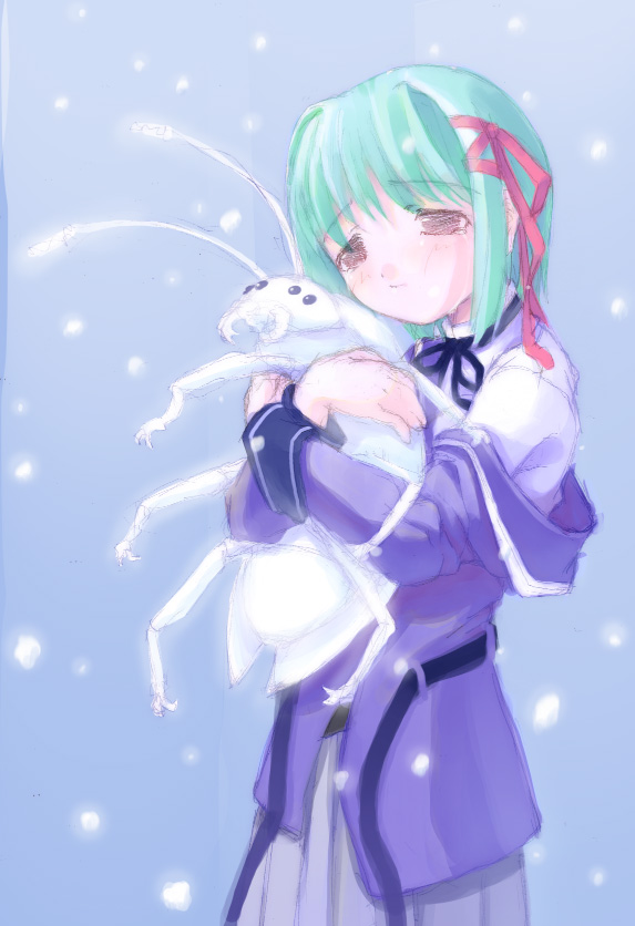 yousisi, anmoto shiika, mushiuta, 1girl, bug, female focus, from behind, hug, sad girl in snow, snow, snowing, solo, tears, what