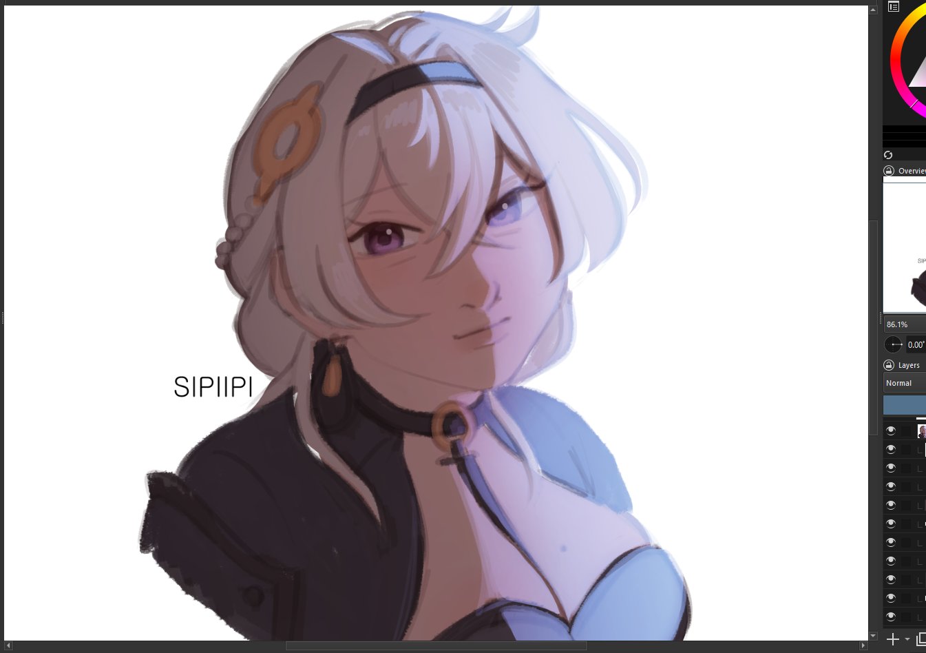 huxley (trigger of fate the novita), fate trigger: the novita, 1girl, grey hair, hair ornament, hairpin, looking at viewer, purple eyes, simple background, sipiipi, smile, solo, white hair
