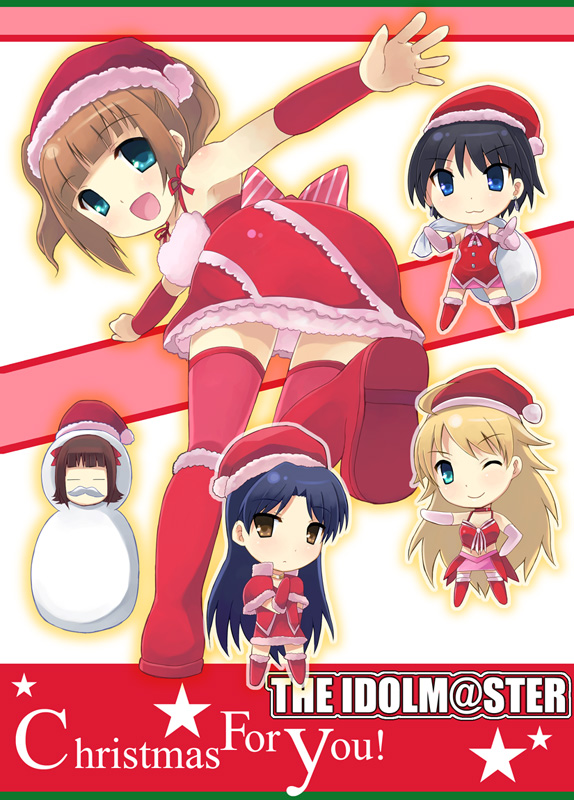 otoutogimi, amami haruka, hoshii miki, kikuchi makoto, kisaragi chihaya, takatsuki yayoi, idolmaster, idolmaster (classic), idolmaster 1, 00s, 5girls, black hair, blonde hair, blue hair, boots, brown hair, christmas, cute & girly (idolmaster), green eyes, hat, long hair, multiple girls, noel angelic (idolmaster), santa costume, santa hat, short hair, snowman, thighhighs, twintails