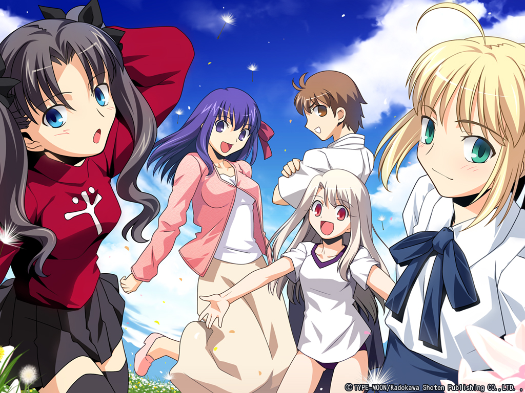 takeuchi takashi, artoria pendragon (fate), fujimura taiga, illyasviel von einzbern, matou sakura, saber (fate), tohsaka rin, fate/stay night, fate (series), official art, official wallpaper, 00s, 5girls, black hair, blonde hair, blouse, blue eyes, cloud, day, dress, green eyes, gym uniform, happy, long hair, multiple girls, shirt, sky, smile, thighhighs, zettai ryouiki