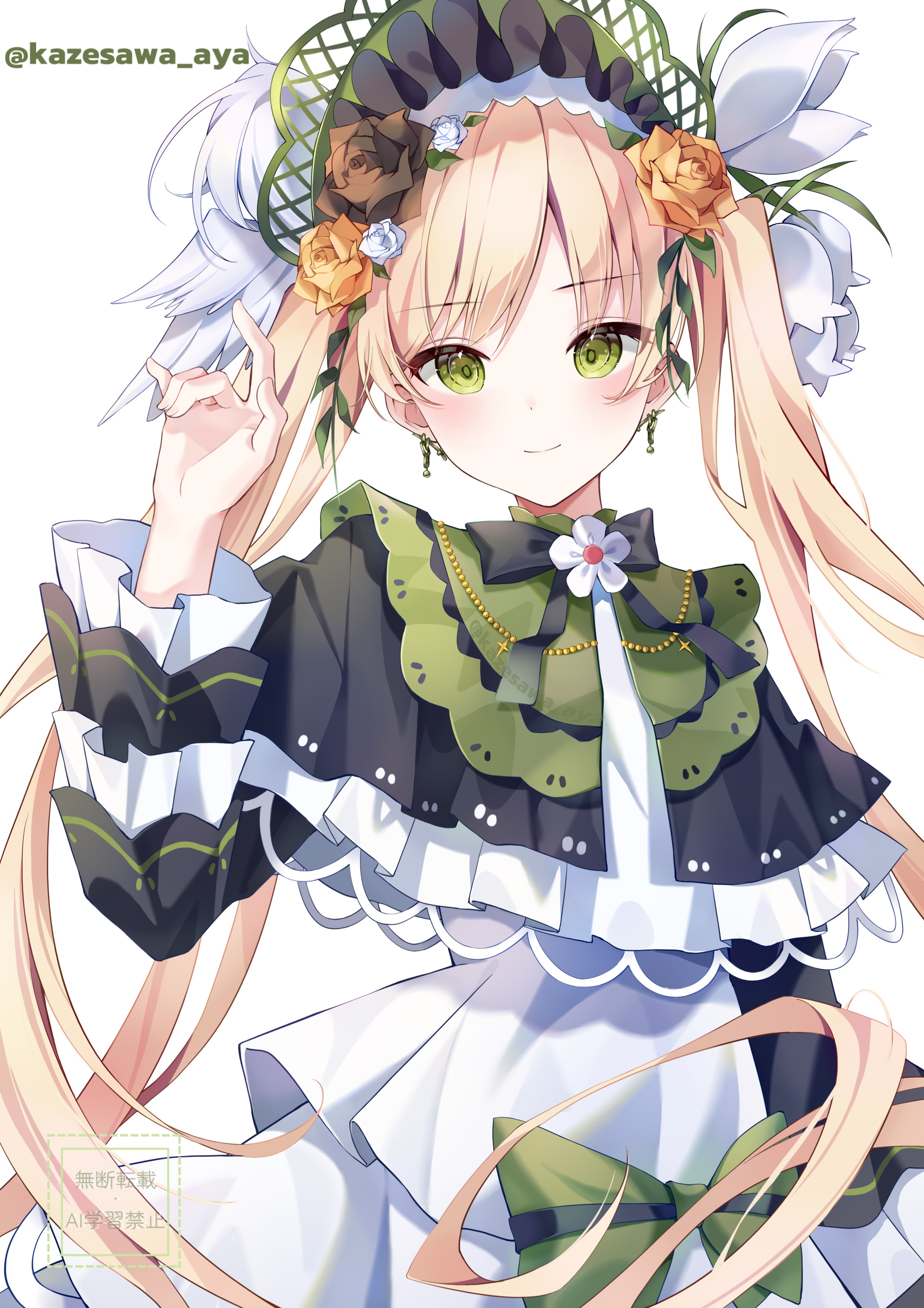 toono hanna, mahou shoujo no majo saiban, absurdres, chinese commentary, commentary request, highres, mixed-language commentary, 1girl, black flower, black ribbon, black rose, blonde hair, bonnet, bow, capelet, closed mouth, cowboy shot, dress, earrings, flower, frilled capelet, frilled dress, frilled sleeves, frills, green bow, green eyes, hair flower, hair ornament, hand up, jewelry, lolita fashion, long hair, long sleeves, looking at viewer, magical girl, momoaya (kazesawa aya), neck ribbon, ribbon, rose, simple background, smile, solo, standing, twintails, twitter username, very long hair, white background, white dress, white flower, white rose, yellow flower, yellow rose