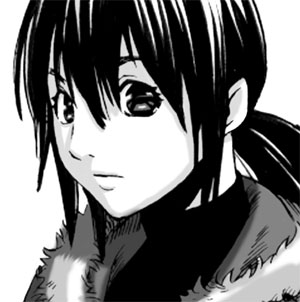 revy (black lagoon), black lagoon, lowres, 00s, 1girl, female focus, fur collar, looking at viewer, monochrome, portrait, simple background, solo, square, sweater, turtleneck, turtleneck sweater, white background