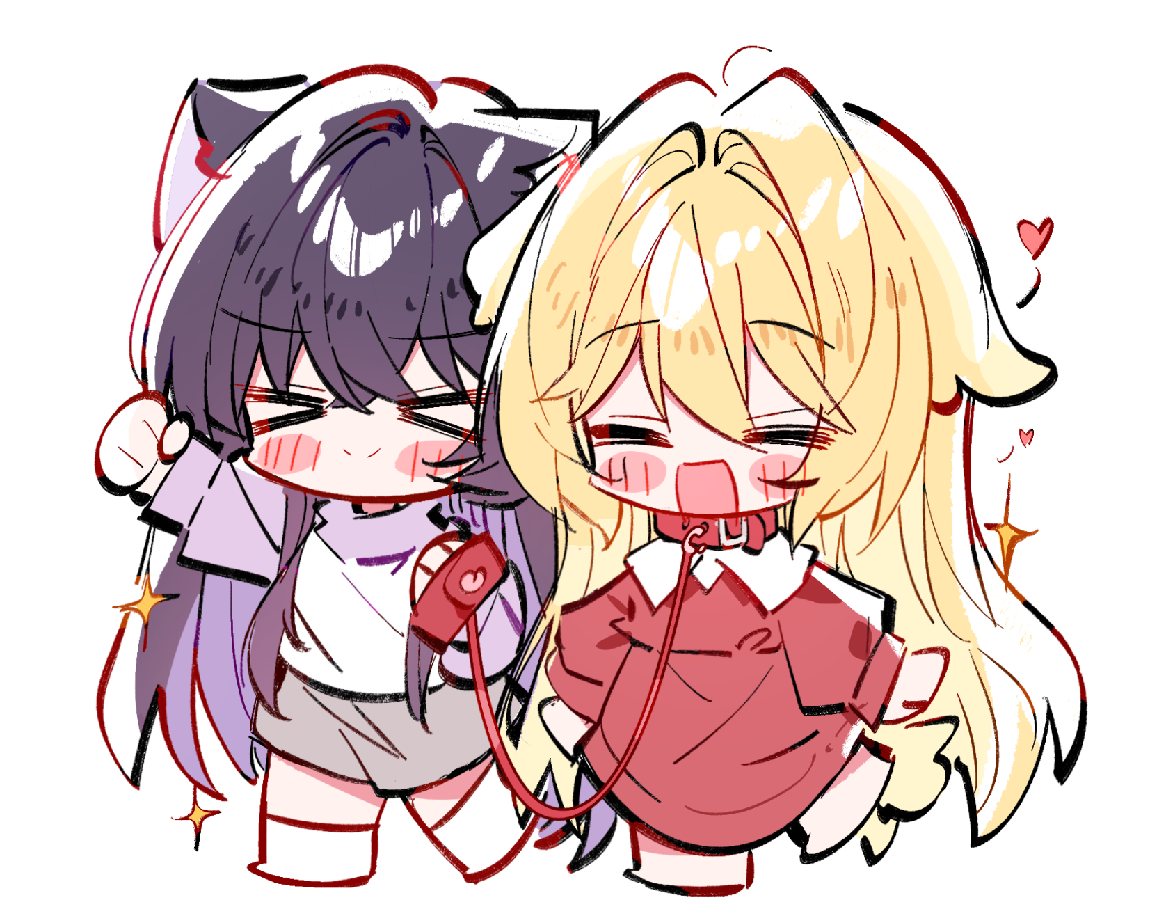 zhanzhangzlw, koto satsuki, ouzuka mai, watashi ga koibito ni nareru wake naijan murimuri!, commentary, highres, symbol-only commentary, > <, 2girls, animal ears, arm up, black hair, blonde hair, blush, cat ears, cat girl, closed eyes, collar, dog ears, dog girl, dog tail, grey shorts, heart, holding, holding leash, kemonomimi mode, leash, long hair, multiple girls, open mouth, red collar, red shirt, shirt, shorts, simple background, sparkle, tail, white background