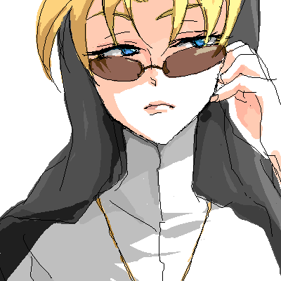 sorashu, eda (black lagoon), black lagoon, aliasing, lowres, 00s, 1girl, blonde hair, blue eyes, brown-tinted eyewear, looking over eyewear, looking over glasses, looking to the side, nun, oekaki, simple background, sunglasses, tinted eyewear, white background