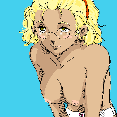 sorashu, janet bhai, black lagoon, aliasing, lowres, tagme, 00s, 1girl, :q, bangs pinned back, blonde hair, blue background, blush stickers, bow, bow panties, breasts, cowboy shot, dark-skinned female, dark skin, glasses, hairband, leaning forward, medium breasts, medium hair, oekaki, panties, red hairband, round eyewear, simple background, small nipples, standing, tongue, tongue out, topless female, underwear, white panties