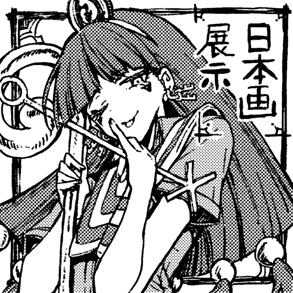 hisona (suaritesumi), michigami nareko, touhou, commentary request, translation request, 1girl, ;p, blunt bangs, circle cut, closed mouth, earrings, greyscale, hairband, holding, jewelry, long hair, looking at viewer, monochrome, one eye closed, shirt, short sleeves, smile, solo, tongue, tongue out, upper body