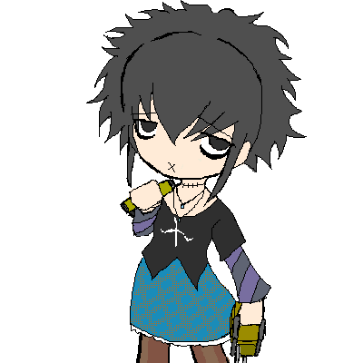 sorashu, frederica sawyer, black lagoon, brown legwear, aliasing, lowres, tagme, 00s, 1girl, bags under eyes, blue skirt, cowboy shot, electrolarynx, facing viewer, female focus, goth fashion, jewelry, looking at viewer, necklace, oekaki, short hair, sidelocks, simple background, skirt, solo, standing, stitches, white background, x mouth