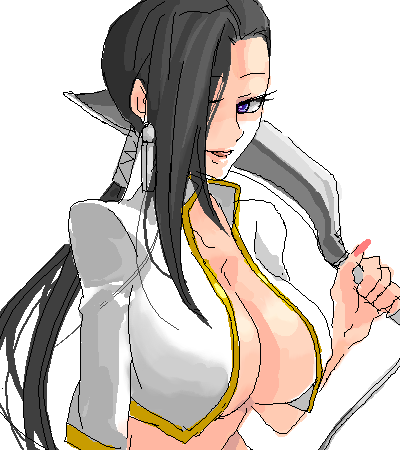 sorashu, shenhua, black lagoon, aliasing, lowres, 00s, 1girl, black hair, breasts, cleavage, eyelashes, female focus, hair over one eye, jacket, long hair, looking at viewer, nail polish, no bra, oekaki, open clothes, open jacket, ponytail, red nails, revealing clothes, simple background, solo, upper body, weapon, white background