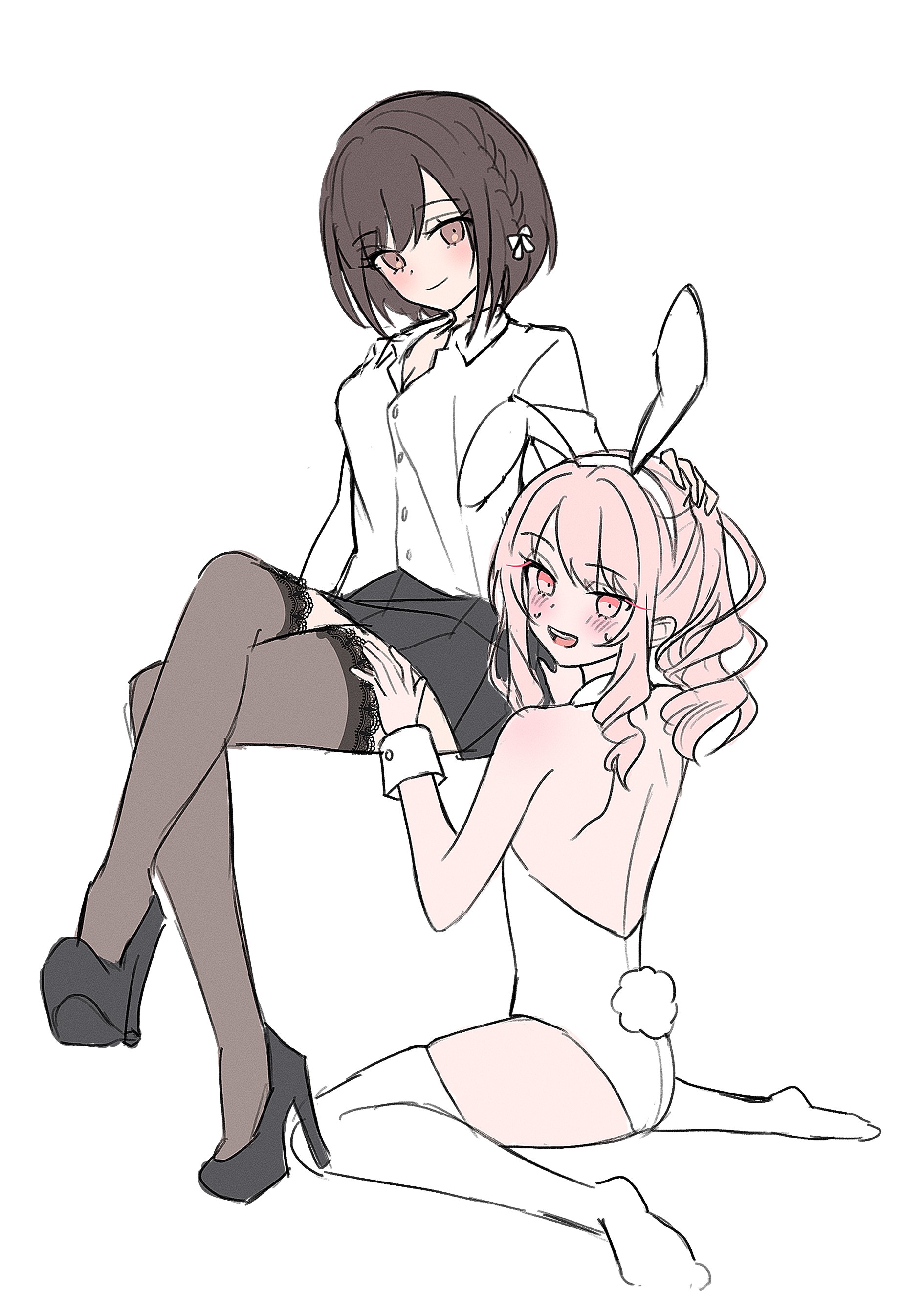 gin (gin937), akiyama mizuki, shinonome ena, 25-ji nightcord de. (project sekai), project sekai, 1girl, 1other, black pantyhose, crossed legs, pantyhose, pink hair, shirt, short hair, sitting, thighhighs, wariza, white shirt, white thighhighs