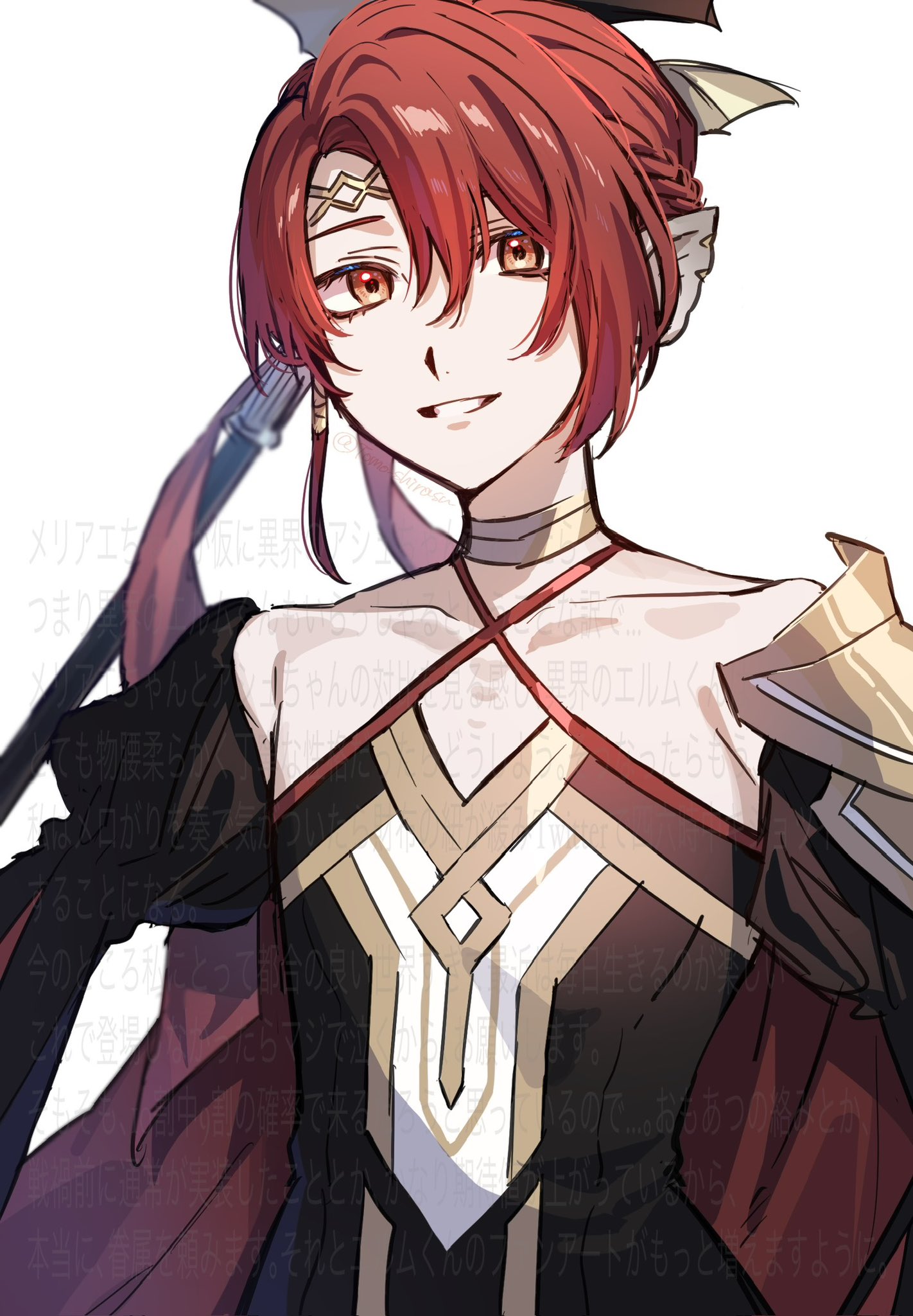 tomo shirasu, elm (fire emblem), fire emblem, fire emblem heroes, nintendo, highres, 1boy, animal ears, bat boy, bat ears, hair between eyes, looking at viewer, male focus, red hair, smile, solo