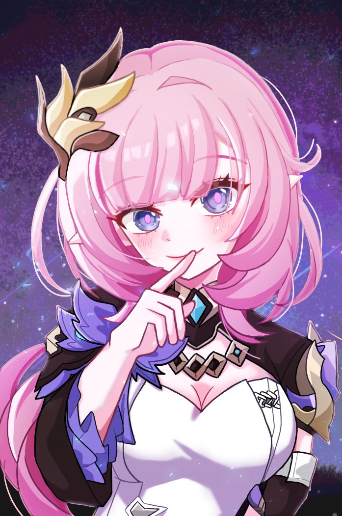 saewon, elysia (honkai impact), elysia (miss pink elf) (honkai impact), honkai (series), honkai impact 3rd, commentary request, korean commentary, 1girl, blue eyes, breasts, cleavage, corset, elf, hair ornament, large breasts, long hair, looking at viewer, pink hair, pointy ears, shrug (clothing), sky, solo, star (sky), starry sky, upper body, very long hair, white corset