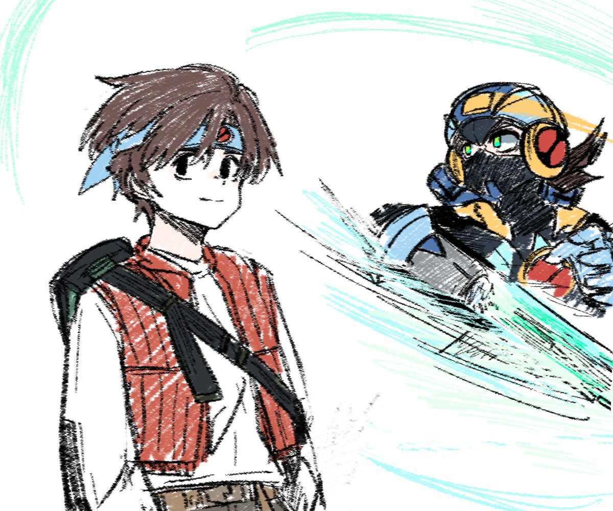 aromdami, lan hikari (mega man), megaman.exe, mega man (series), mega man battle network (series), 2boys, blue bodysuit, blue headband, blue helmet, bodysuit, brown hair, headband, helmet, multiple boys, netnavi, orange vest, vest