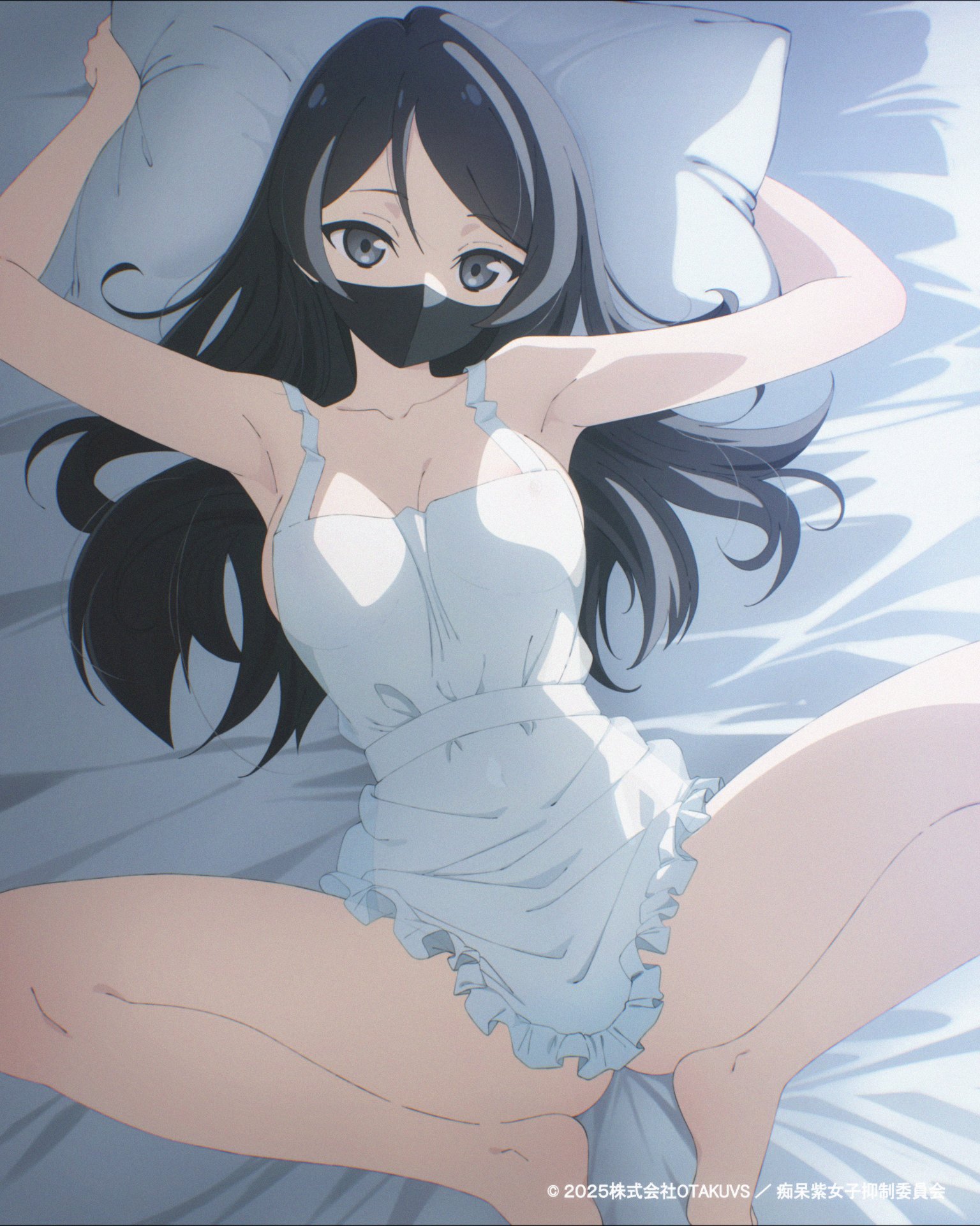 otachanshow, cam (otachan), the otachan show, commentary, english commentary, highres, 1girl, apron, armpits, arms up, black hair, blue eyes, breasts, cleavage, frilled apron, frills, indoors, large breasts, long hair, looking at viewer, naked apron, pillow, solo, spread legs