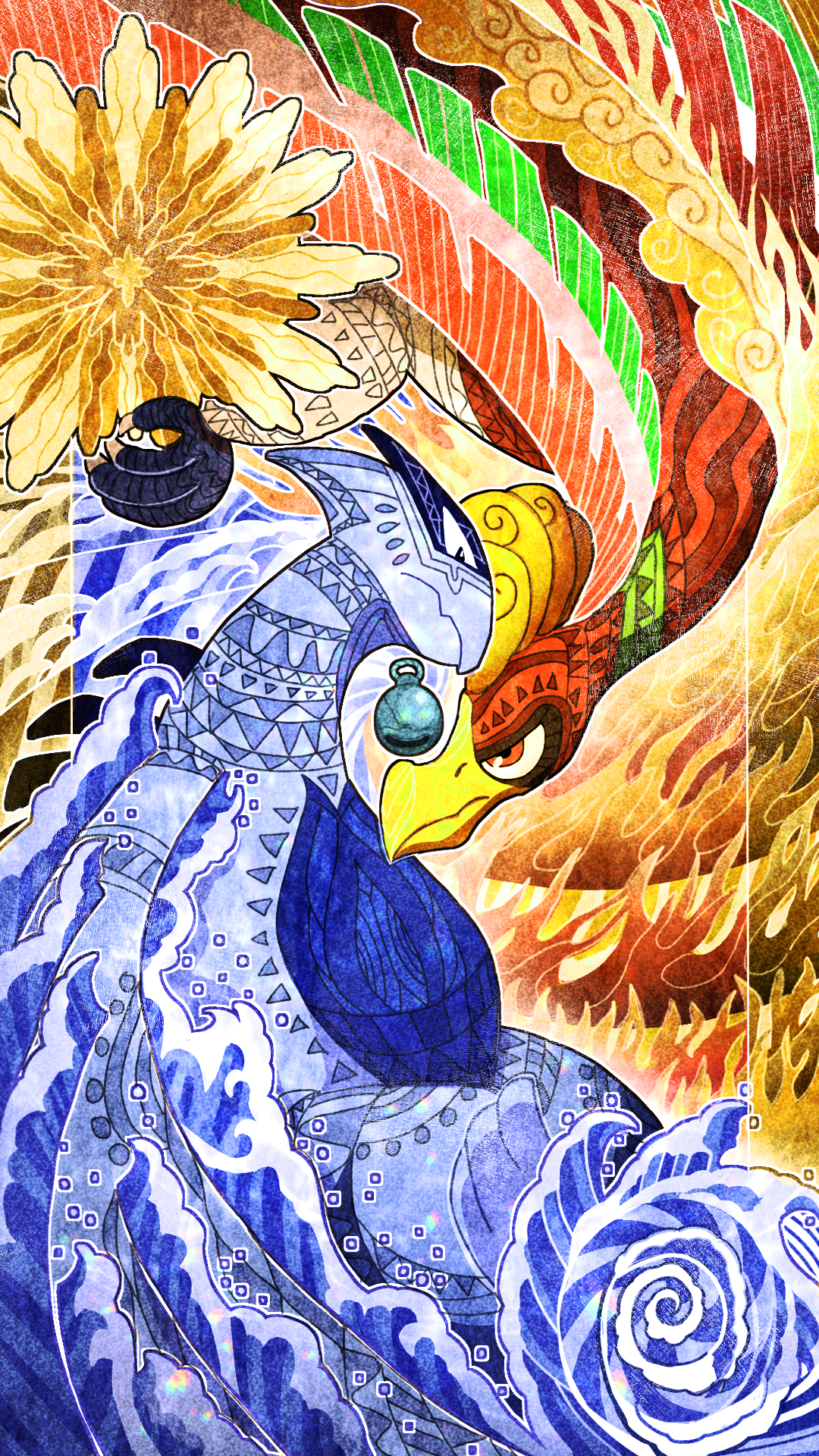 miyagawa (maxggguys), ho-oh, lugia, nintendo, pokemon, commentary request, highres, bell, closed mouth, fang, fire, gen 2 pokemon, legendary pokemon, no humans, orange eyes, pokemon (creature), pokemon focus, skin fang, v-shaped eyes, water