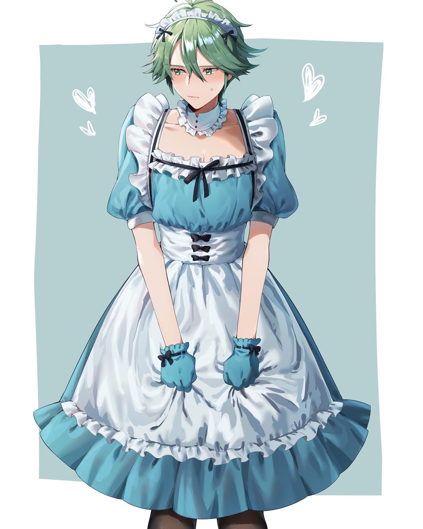 tomo shirasu, alm (fire emblem), fire emblem, fire emblem echoes: shadows of valentia, nintendo, highres, 1boy, alternate costume, apron, crossdressing, crossdressing (mtf), gloves, green hair, maid, maid apron, maid headdress, male focus, prince, solo