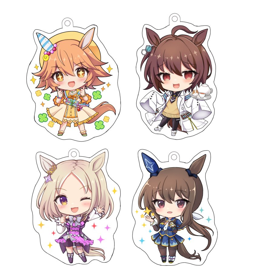 terimuku, admire vega (umamusume), agnes tachyon (umamusume), matikanefukukitaru (umamusume), narita top road (umamusume), umamusume, commentary request, + +, 4girls, :d, ;d, ahoge, animal ears, asymmetrical footwear, beret, black boots, black pantyhose, black shirt, blue shirt, blue skirt, blush, bobby socks, boots, brown eyes, brown hair, brown jacket, brown pantyhose, brown socks, chibi, clover, collared shirt, cup, double thumbs up, dress, forehead, four-leaf clover, frilled jacket, frills, green shoes, hair between eyes, hat, head tilt, horse ears, horse girl, horse tail, jacket, lab coat, long sleeves, low ponytail, mismatched footwear, multicolored hair, multiple girls, one eye closed, open clothes, open mouth, orange dress, pantyhose, parted bangs, pleated skirt, ponytail, purple boots, purple dress, purple shorts, saucer, shirt, shoes, shorts, simple background, skirt, sleeves past fingers, sleeves past wrists, smile, socks, sparkle, streaked hair, sugar cube, sweater vest, tail, teacup, teapot, thumbs up, tray, v-shaped eyebrows, white background, white boots, white hair, yellow hat