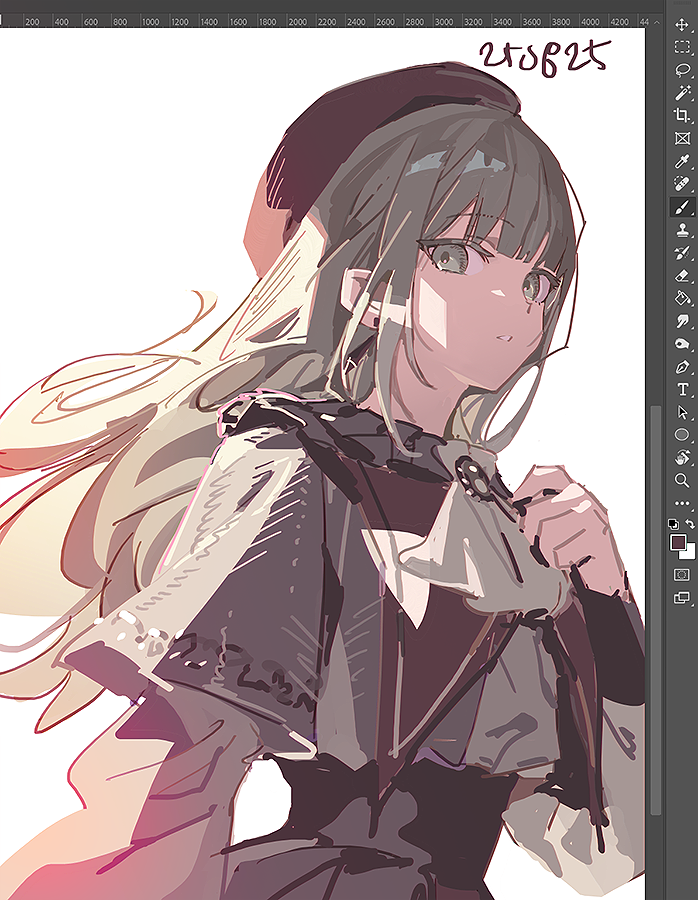 haun, mortis (bang dream!), mortis (costume) (bang dream!), wakaba mutsumi, bang dream!, bang dream! it's mygo!!!!!, commentary, hashtag-only commentary, photoshop (medium), 1girl, art program in frame, ascot, beret, black capelet, capelet, dated, green hair, hat, long hair, red hat, sidelocks, solo, upper body, white ascot, white background