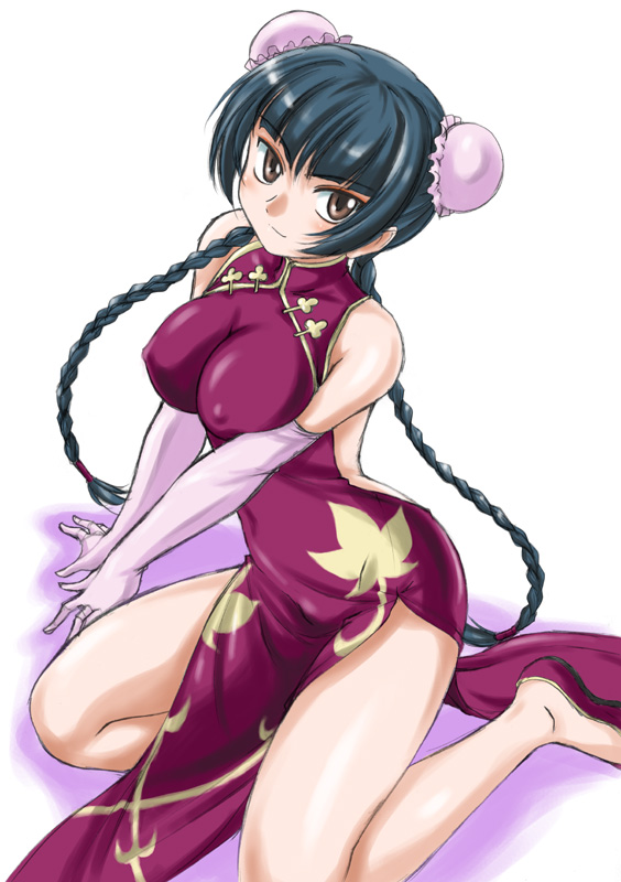 wan'yan aguda, wang liu mei, gundam, gundam 00, 00s, 1girl, blush, braid, breasts, bun cover, china dress, chinese clothes, covered erect nipples, double bun, dress, elbow gloves, female focus, gloves, hair bun, large breasts, nipples, solo