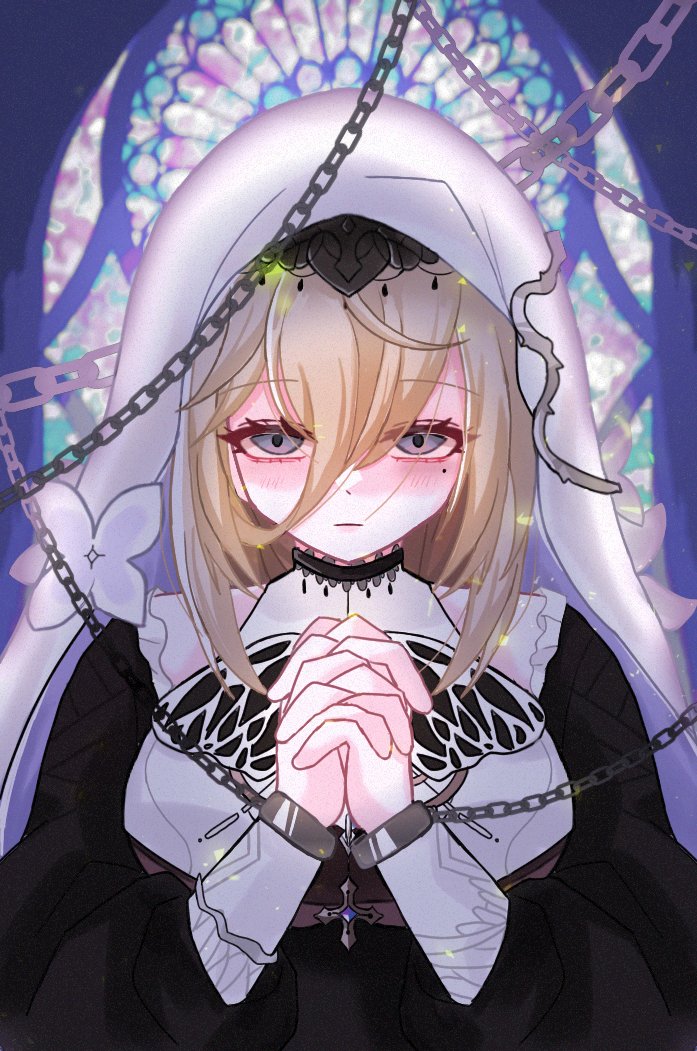 saewon, aponia, honkai (series), honkai impact 3rd, commentary, symbol-only commentary, 1girl, black dress, blonde hair, breasts, church, dress, hair between eyes, large breasts, looking at viewer, medium hair, mole, mole under eye, nun, own hands together, praying, solo, veil, white veil