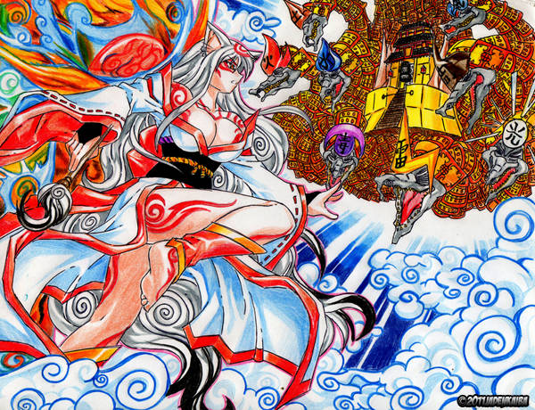 jadenkaiba, amaterasu (ookami), yamata no orochi (ookami), ookami (game), 1girl, animal ears, armor, battle, bodypaint, breasts, divine markings, dragon, eastern dragon, faux traditional media, helmet, humanization, hydra, japanese armor, large breasts, markings, multiple heads, open mouth, personification, red sun, sharp teeth, tail, teeth, wolf, wolf ears, wolf girl, wolf tail
