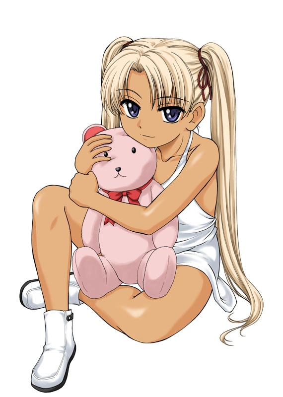 wan'yan aguda, triela, gunslinger girl, 00s, 1girl, blonde hair, blue eyes, boots, camisole, collarbone, dark-skinned female, dark skin, female focus, full body, loli, long hair, looking at viewer, shiny skin, simple background, sitting, smile, solo, stuffed animal, stuffed toy, teddy bear, twintails, white background