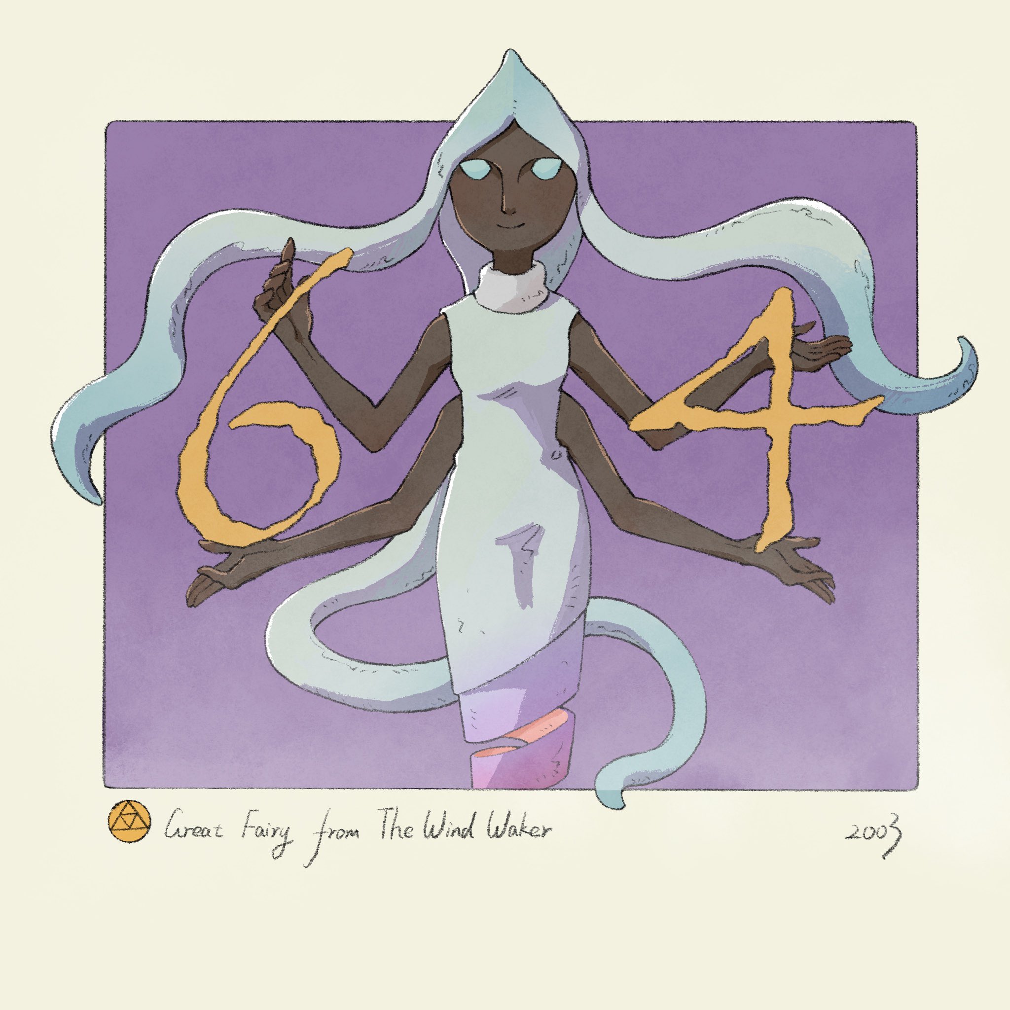 yangyaozigo, great fairy (zelda), nintendo, the legend of zelda, the legend of zelda: the wind waker, commentary, english commentary, highres, 1girl, blue dress, blue hair, character name, copyright name, dark-skinned female, dark skin, dress, empty eyes, extra arms, long hair, looking at viewer, purple background, sleeveless, solo