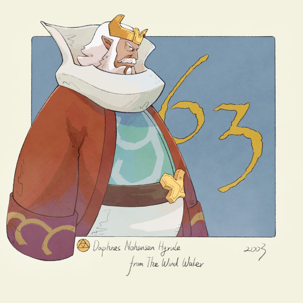 yangyaozigo, daphnes nohansen hyrule, nintendo, the legend of zelda, the legend of zelda: the wind waker, commentary, english commentary, 1boy, belt, blue background, border, character name, coat, copyright name, crown, facial hair, male focus, mustache, outside border, pointy ears, red coat, solo, white hair