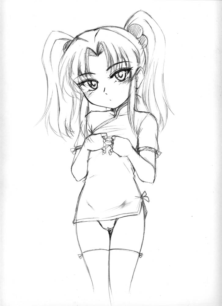 wan'yan aguda, hoshino ruri, kidou senkan nadesico, 1girl, cameltoe, china dress, chinese clothes, dress, female focus, flat chest, greyscale, loli, long hair, monochrome, panties, sketch, solo, thighhighs, twintails, underwear