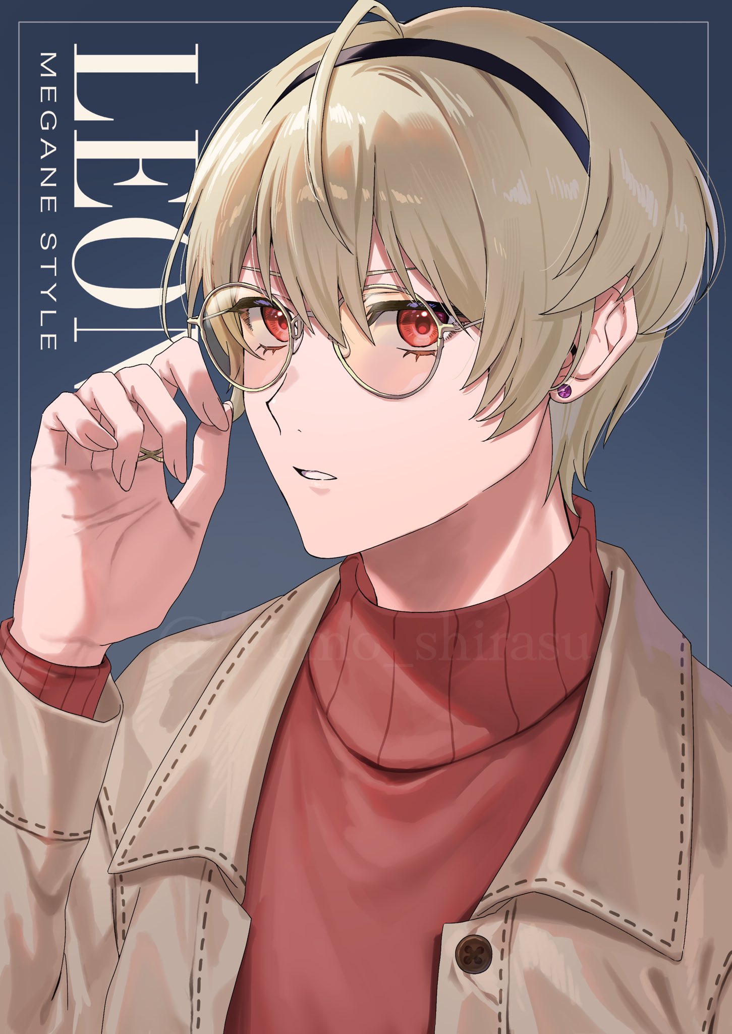 tomo shirasu, leo (fire emblem fates), fire emblem, fire emblem fates, nintendo, highres, 1boy, blonde hair, character name, contemporary, earrings, hairband, jewelry, looking at viewer, male focus, red eyes, short hair, solo