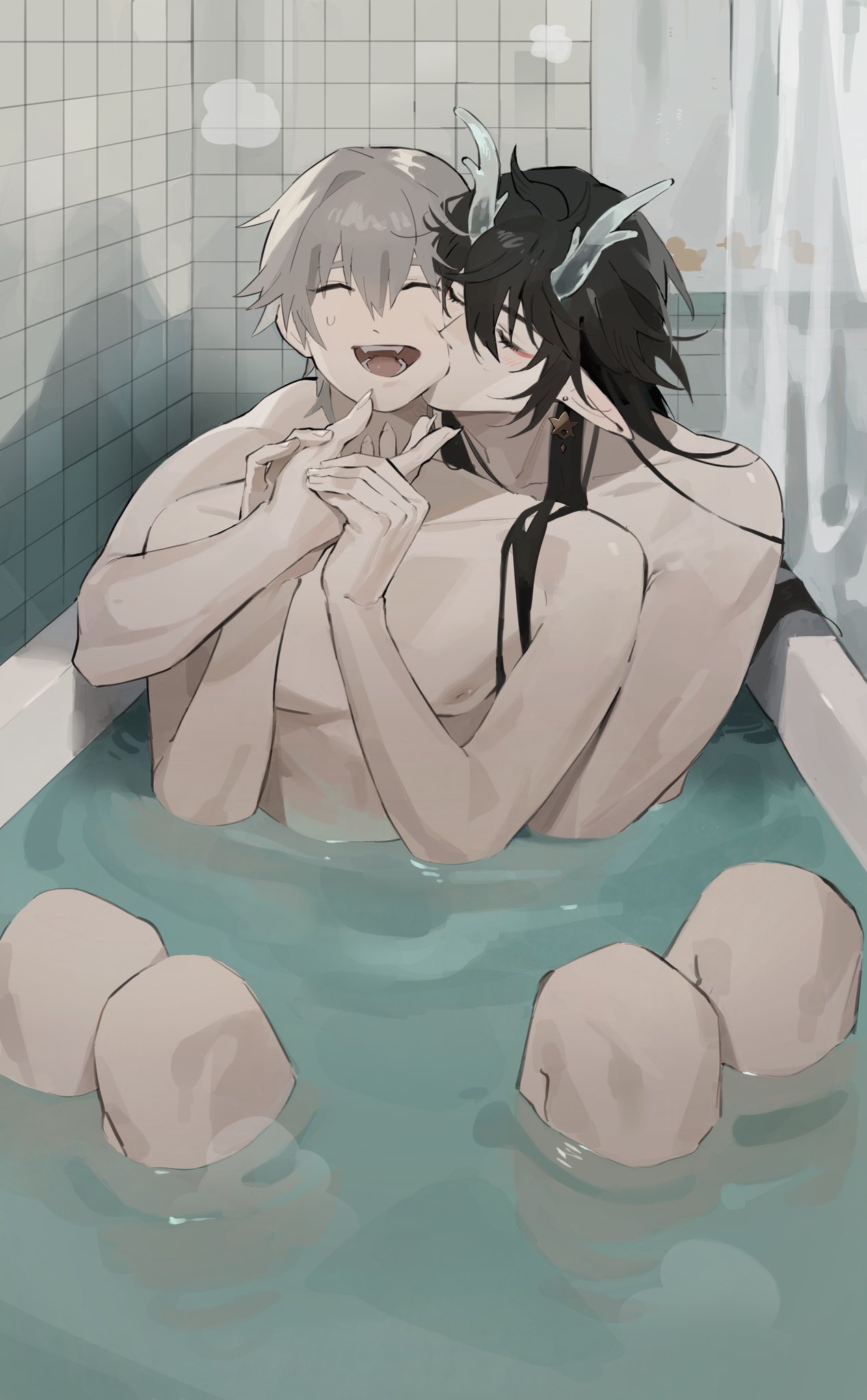 caelus (honkai: star rail), dan heng (honkai: star rail), dan heng (imbibitor lunae) (honkai: star rail), trailblazer (honkai: star rail), honkai: star rail, honkai (series), highres, 2boys, :d, bath, bathing, bathroom, bathtub, biting, biting cheek, black hair, blush, closed eyes, closed mouth, completely nude, curtains, dragon boy, dragon horns, earrings, fangs, fingernails, grey hair, hair between eyes, hand on another's chin, horns, hug, hug from behind, in bathtub, indoors, jewelry, judyfang5, kiss, kissing cheek, knees up, long hair, male focus, multiple boys, nipples, nude, open mouth, partially submerged, pectorals, pointy ears, shared bathing, sharp fingernails, short hair, sitting, smile, steam, sweatdrop, teeth, tile wall, tiles, water, yaoi