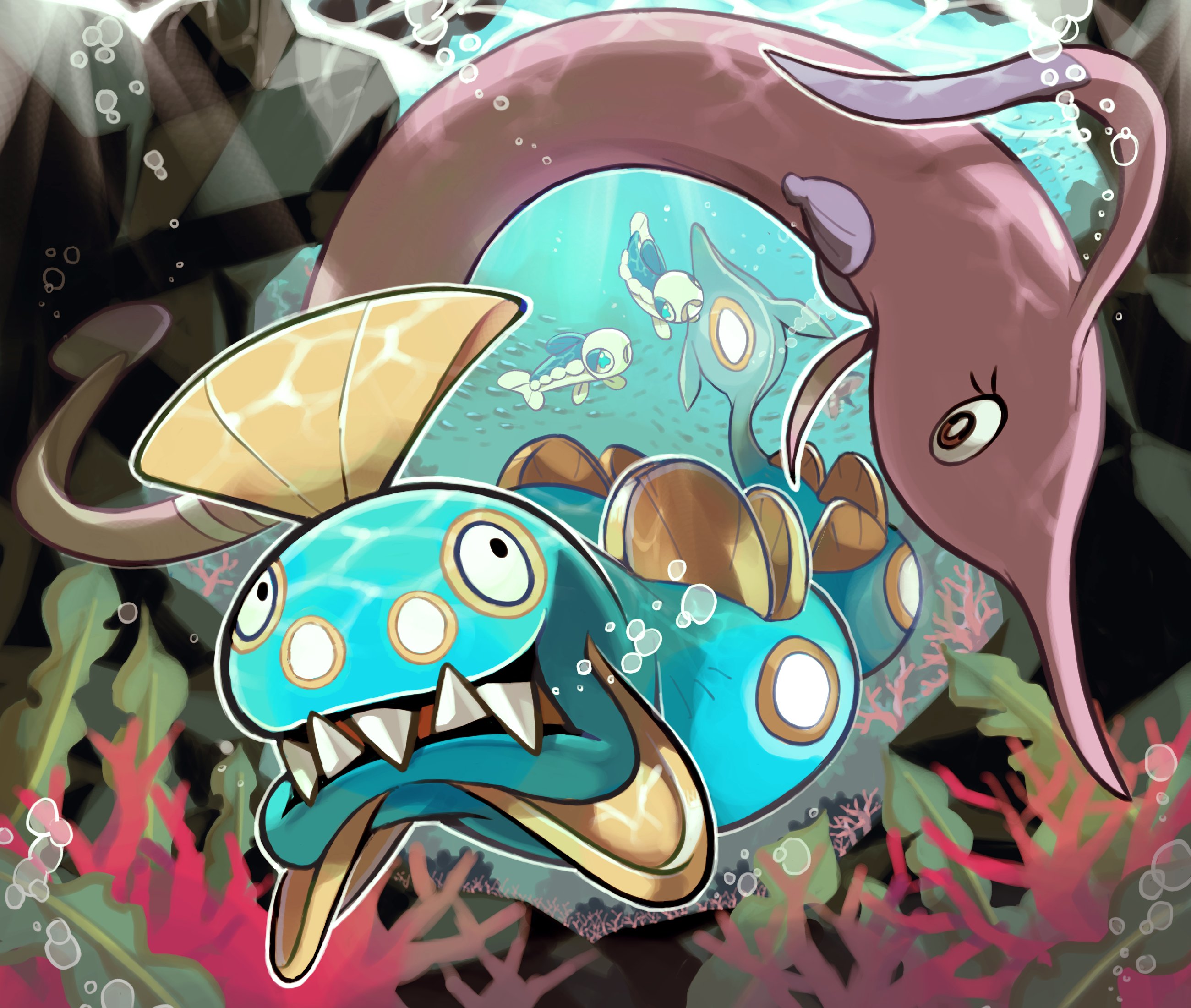 gorebyss, huntail, wishiwashi, wishiwashi (solo), nintendo, pokemon, commentary request, highres, air bubble, animal focus, blue eyes, brown eyes, bubble, coral, eel, eyelashes, fish, gen 3 pokemon, gen 7 pokemon, mackro t, no humans, open mouth, pokemon (creature), pokemon focus, seaweed, sharp teeth, teeth, underwater