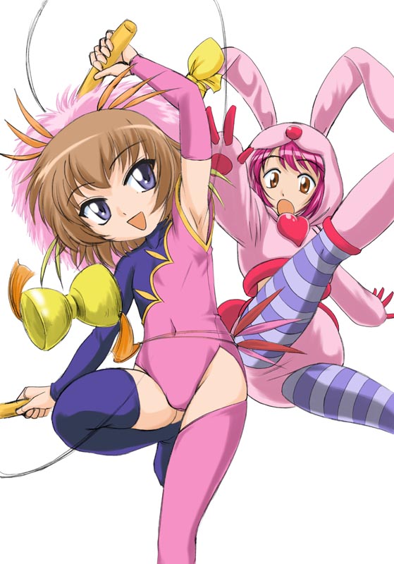 wan'yan aguda, naegino sora, rosetta passel, kaleido star, 00s, animal costume, armpits, brown hair, diabolo, gymnastics, leotard, loli, pantyhose, rabbit, rabbit costume, ribbon, short hair, thighhighs
