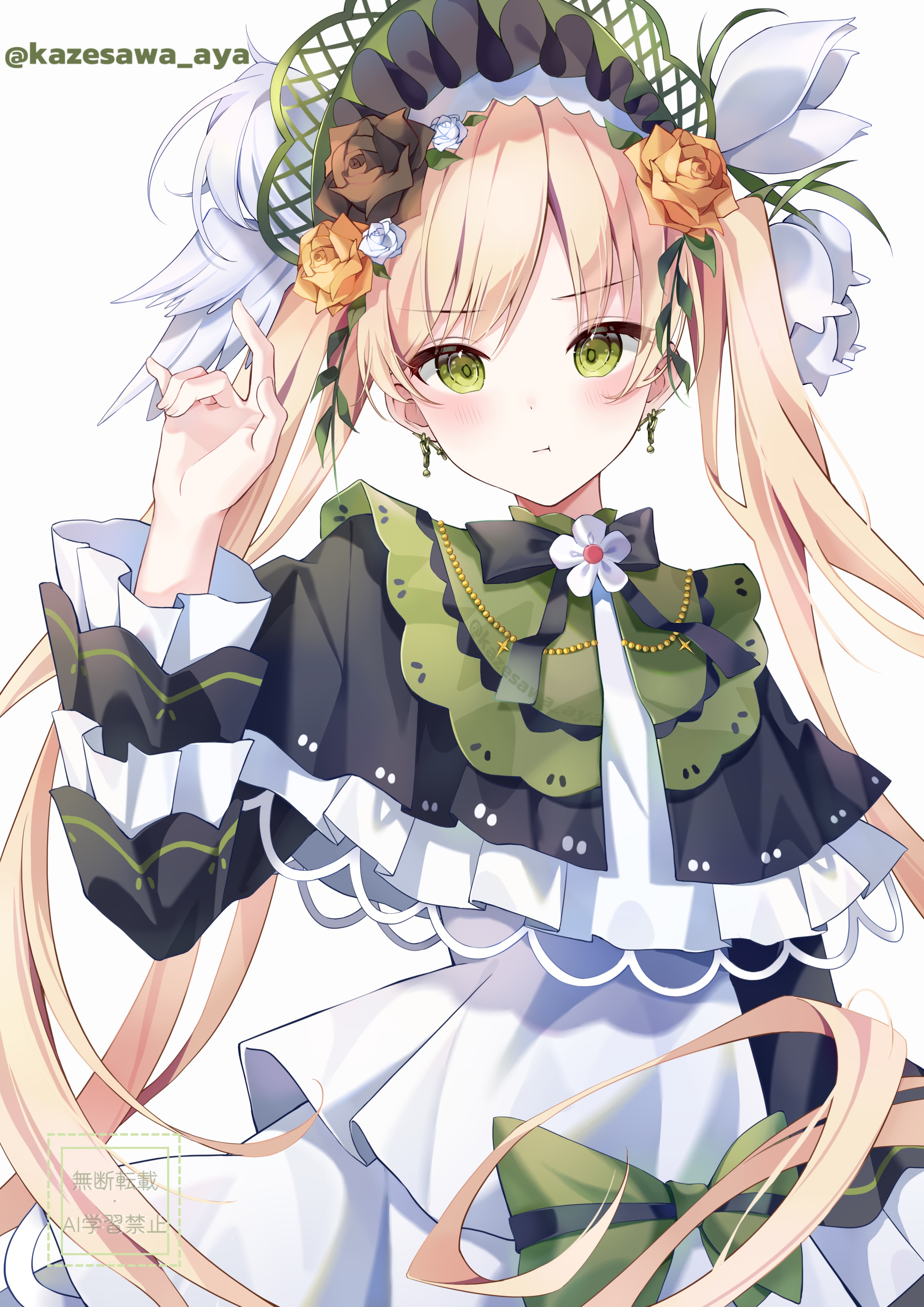 toono hanna, mahou shoujo no majo saiban, absurdres, chinese commentary, commentary request, highres, mixed-language commentary, 1girl, black flower, black ribbon, black rose, blonde hair, bonnet, bow, capelet, closed mouth, cowboy shot, dress, earrings, flower, frilled capelet, frilled dress, frilled sleeves, frills, green bow, green eyes, hair flower, hair ornament, hand up, jewelry, lolita fashion, long hair, long sleeves, looking at viewer, magical girl, momoaya (kazesawa aya), neck ribbon, pout, ribbon, rose, simple background, solo, standing, twintails, twitter username, very long hair, white background, white dress, white flower, white rose, yellow flower, yellow rose