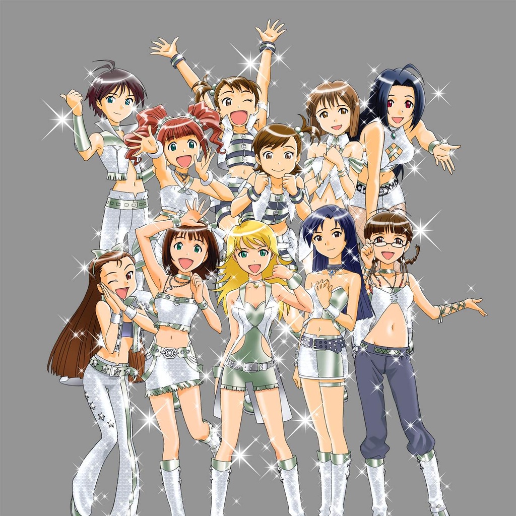kubooka toshiyuki, akizuki ritsuko, amami haruka, futami ami, futami mami, hagiwara yukiho, hoshii miki, kikuchi makoto, kisaragi chihaya, minase iori, miura azusa, takatsuki yayoi, idolmaster, idolmaster (classic), idolmaster 1, derivative work, official art, vector trace, 00s, 6+girls, antenna hair, boots, cool & sexy (idolmaster), everyone, fishnet pantyhose, fishnets, grey background, multiple girls, pantyhose, siblings, sisters, sparkle, standing, thighs, twins, twintails