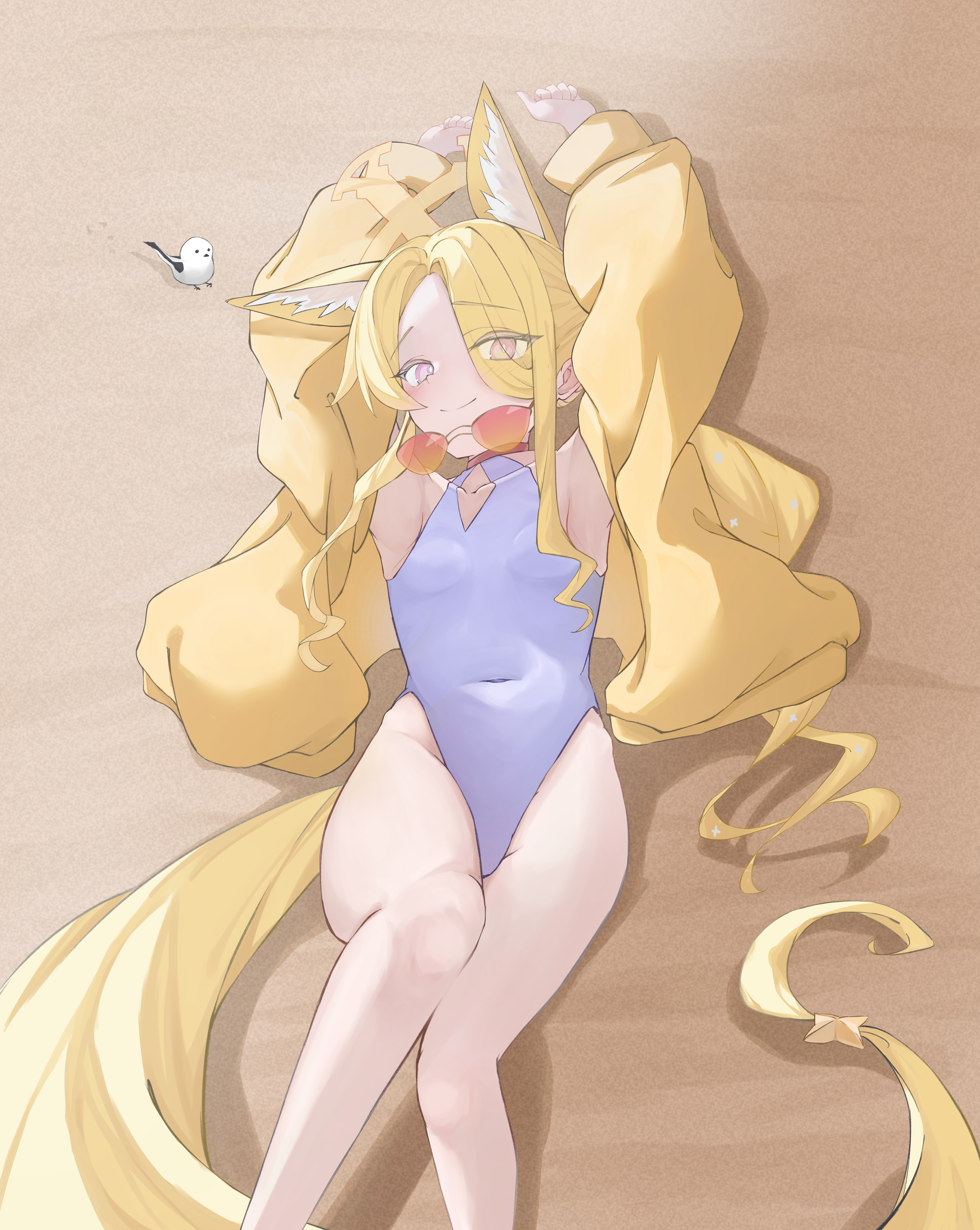 seia (blue archive), seia (swimsuit) (blue archive), blue archive, absurdres, highres, 1girl, animal ear fluff, animal ears, arms up, bird, blonde hair, covered navel, cross halo, fox ears, fox girl, fox tail, hair over one eye, halo, highleg, highleg one-piece swimsuit, jacket, legs, long hair, long tail, lying, on back, one-piece swimsuit, open clothes, open jacket, orange-tinted eyewear, smile, solo, sunglasses, swimsuit, tail, thighs, tinted eyewear, umai (mpwt2433), white one-piece swimsuit, yellow eyes, yellow halo, yellow jacket