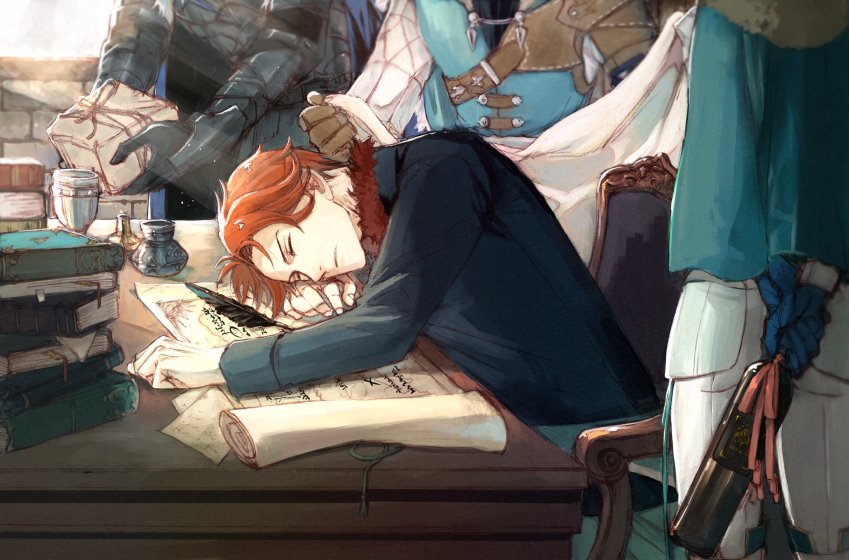 tsugarot, dimitri alexandre blaiddyd, dimitri alexandre blaiddyd (timeskip), felix hugo fraldarius, felix hugo fraldarius (timeskip), ingrid brandl galatea, ingrid brandl galatea (timeskip), sylvain jose gautier, sylvain jose gautier (timeskip), fire emblem, fire emblem: three houses, nintendo, 1girl, 3boys, aqua gloves, aqua tunic, armor, black armor, black shirt, blanket, blue cape, book, book stack, bottle, brown gloves, cape, capelet, chair, chalice, closed eyes, closed mouth, cup, fingernails, fur-trimmed collar, fur trim, gift, gloves, head out of frame, holding, holding bottle, holding gift, inkwell, leather armor, long sleeves, male focus, multiple boys, pants, paper, quill, red fur, red hair, shirt, sitting, sleeve cuffs, solo focus, tunic, white pants