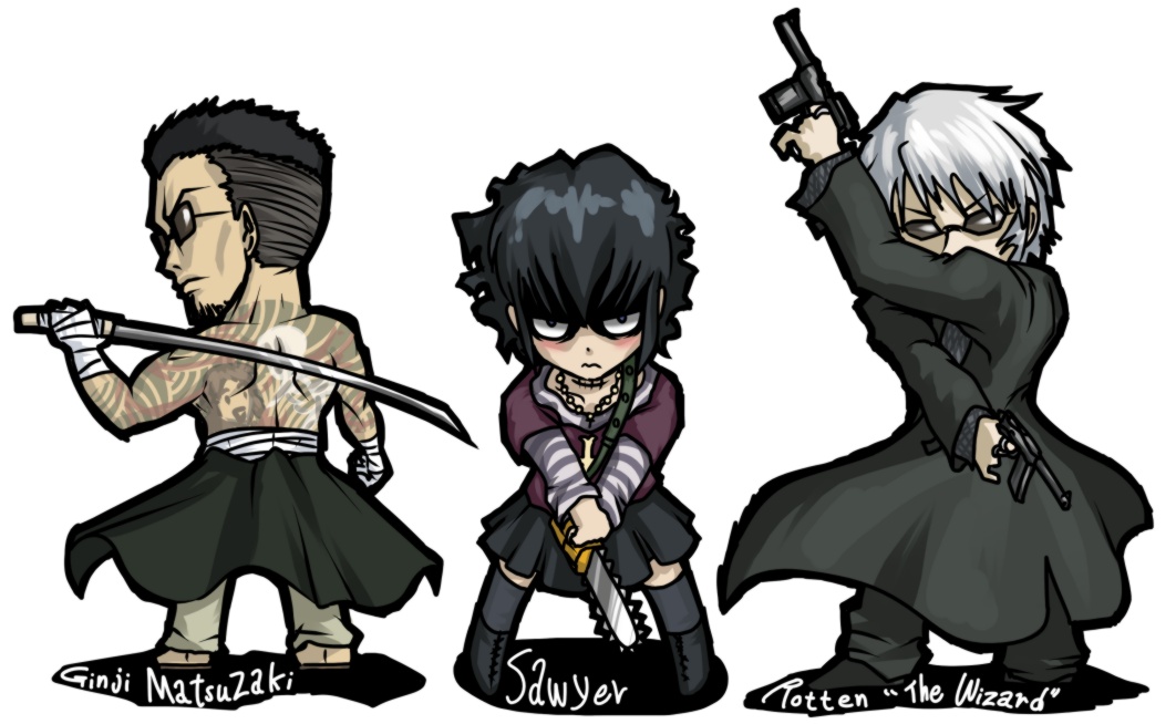 oso (toolate), frederica sawyer, ginji matsuzaki, rotton the wizard, black lagoon, 00s, 1girl, 2boys, chibi, multiple boys