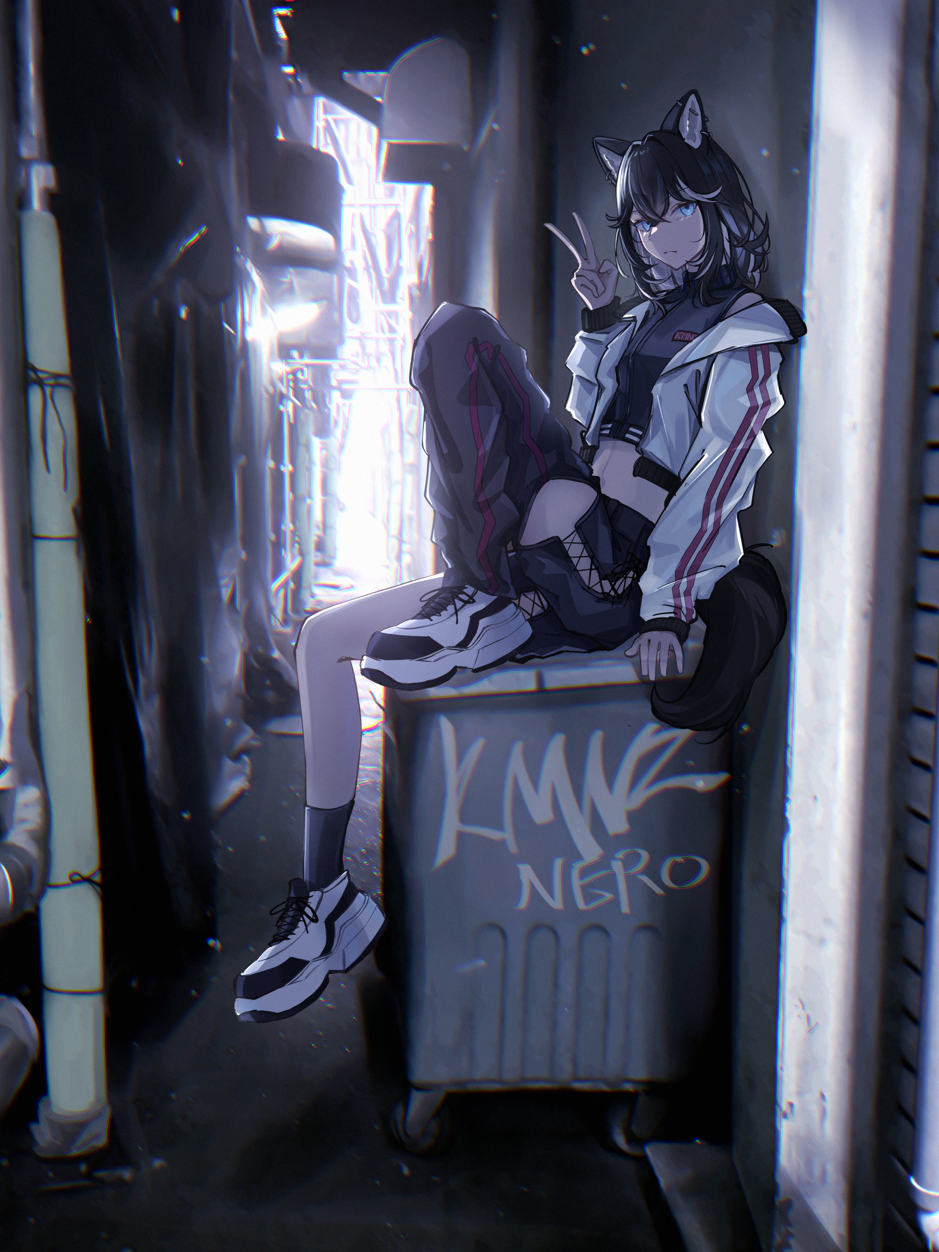no name ver1, nero (kmnz), kmnz, absurdres, alt text, commentary request, highres, 1girl, animal ears, black hair, black shirt, black socks, blue eyes, closed mouth, colored inner hair, dog ears, dog girl, dog tail, from side, frown, full body, grey hair, hand up, jacket, knee up, looking at viewer, medium hair, midriff, multicolored hair, open clothes, open jacket, outdoors, shirt, shoes, sitting, sneakers, socks, solo, streaked hair, tail, trash can, v, virtual youtuber, white jacket, white shoes