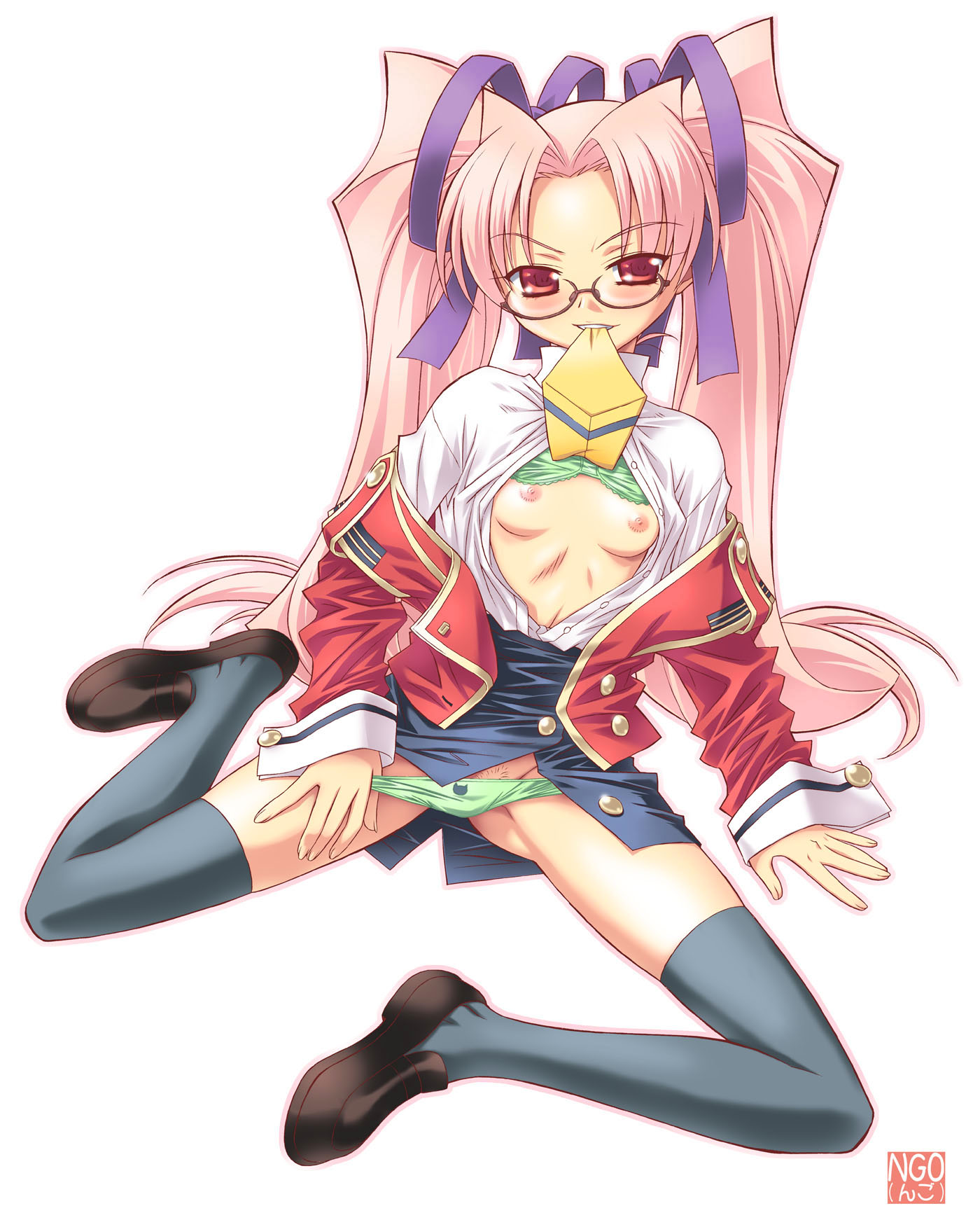 ngo (ngo dandelion), asami ranko, heartbreak ~koi no triangle chuuihou~, highres, 1girl, blush, breasts, female focus, glasses, long hair, long legs, mouth hold, nipples, open clothes, open shirt, panties, panty pull, pink hair, red eyes, shirt, small breasts, solo, thighhighs, twintails, underwear