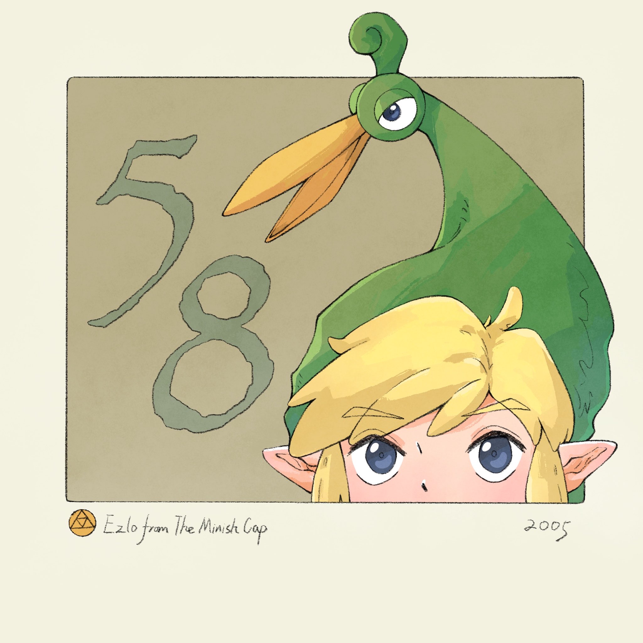 yangyaozigo, ezlo, link, toon link, nintendo, the legend of zelda, the legend of zelda: the minish cap, commentary, english commentary, highres, 1boy, beak, blonde hair, border, green background, grey eyes, mouth out of frame, outside border, pointy ears, sidelocks