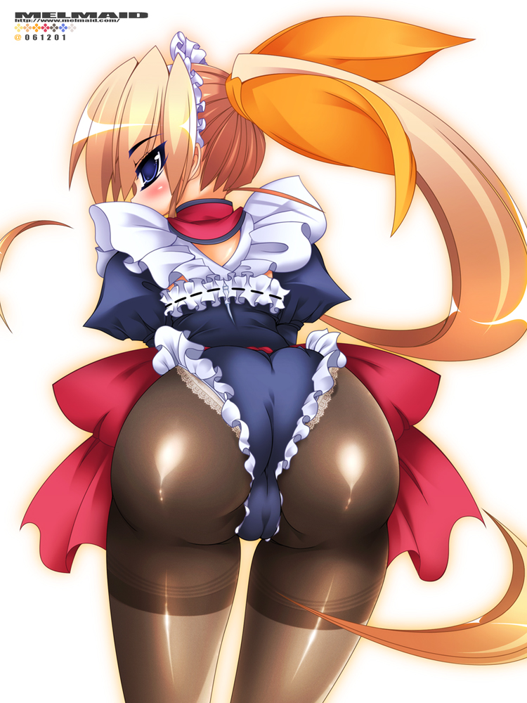 mel/a, melfina bluesky, original, 1girl, ass, bent over, blonde hair, female focus, frills, lace, lace-trimmed panties, lace trim, long hair, maid, panties, panty slip, pantyhose, ponytail, ribbon, solo, underwear